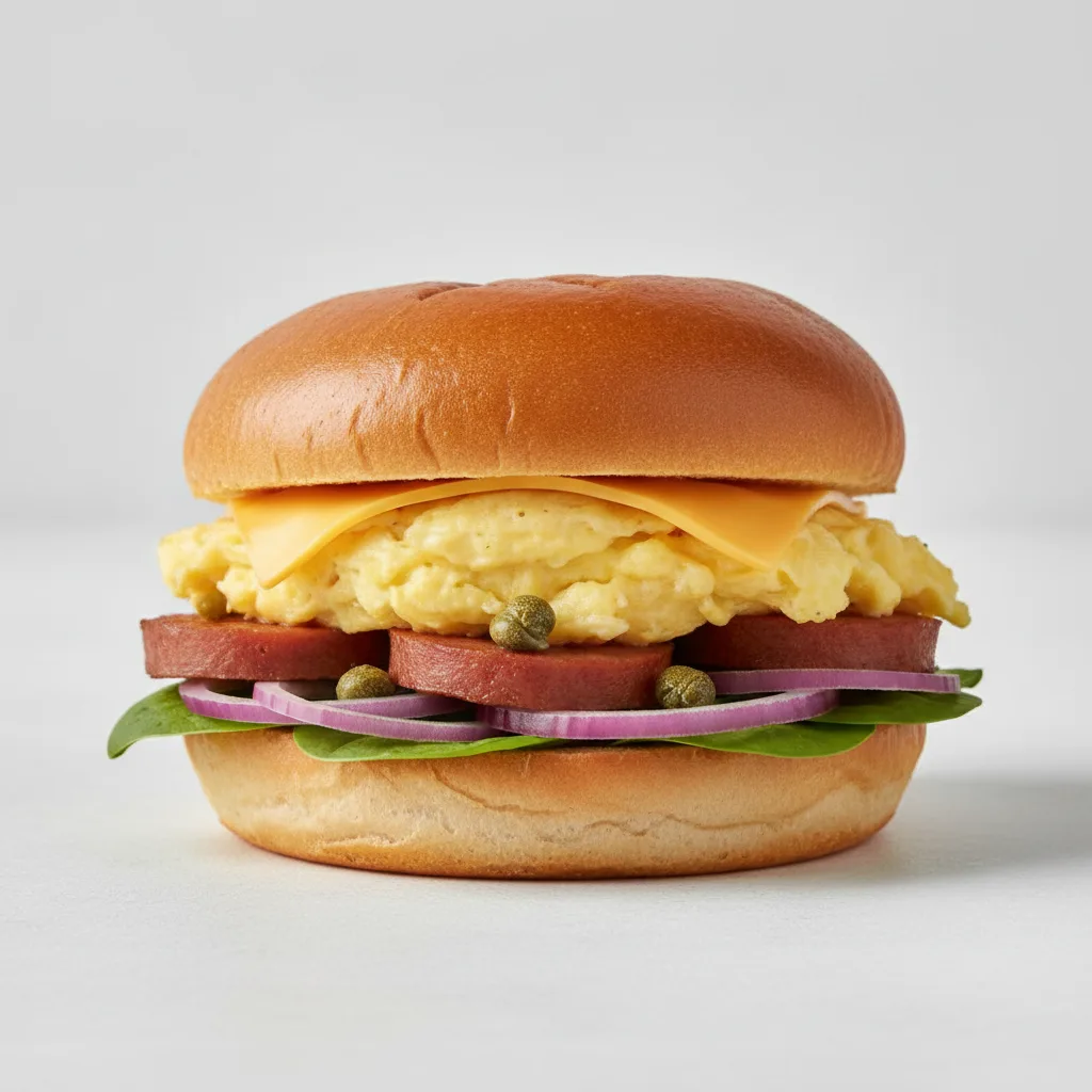 Brioche Bun Classic Breakfast Sandwich Pork Roll, Spinach, Red Onion, Capers Brioche Bun Classic Breakfast Sandwich Pork Roll, Spinach, Red Onion, Capers