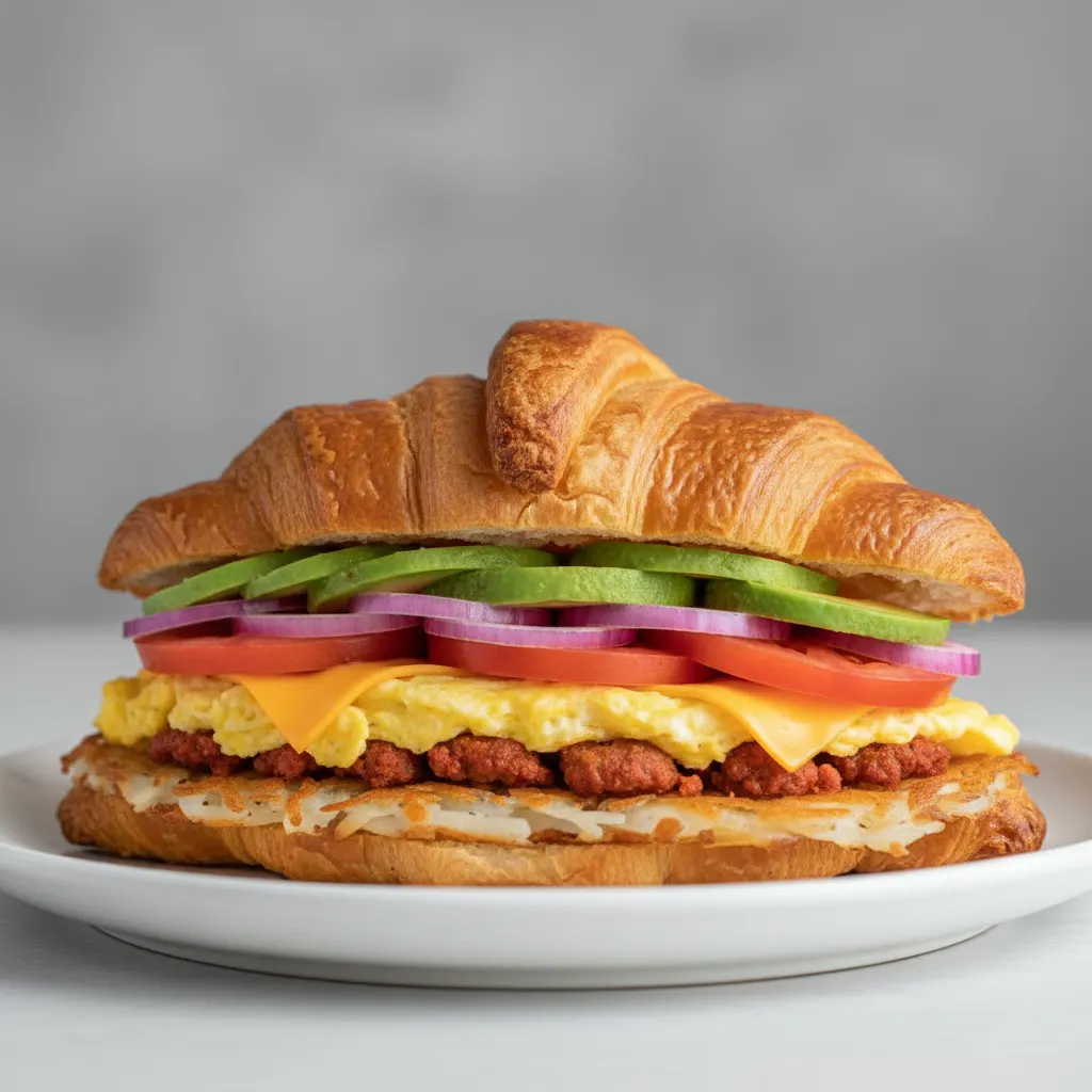 Croissant Sandwich Spicy Pork Chorizo, Avocado, Tomato, Red Onion, Hashbrown Croissant Sandwich Spicy Pork Chorizo, Avocado, Tomato, Red Onion, Hashbrown