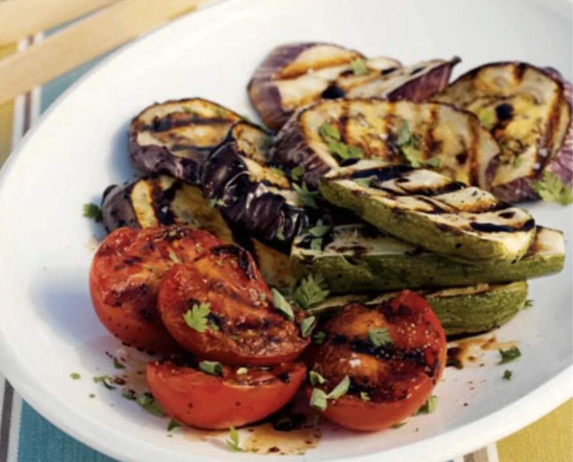 Grilled Zucchini with Onions, Tomatoes, and Eggplant
