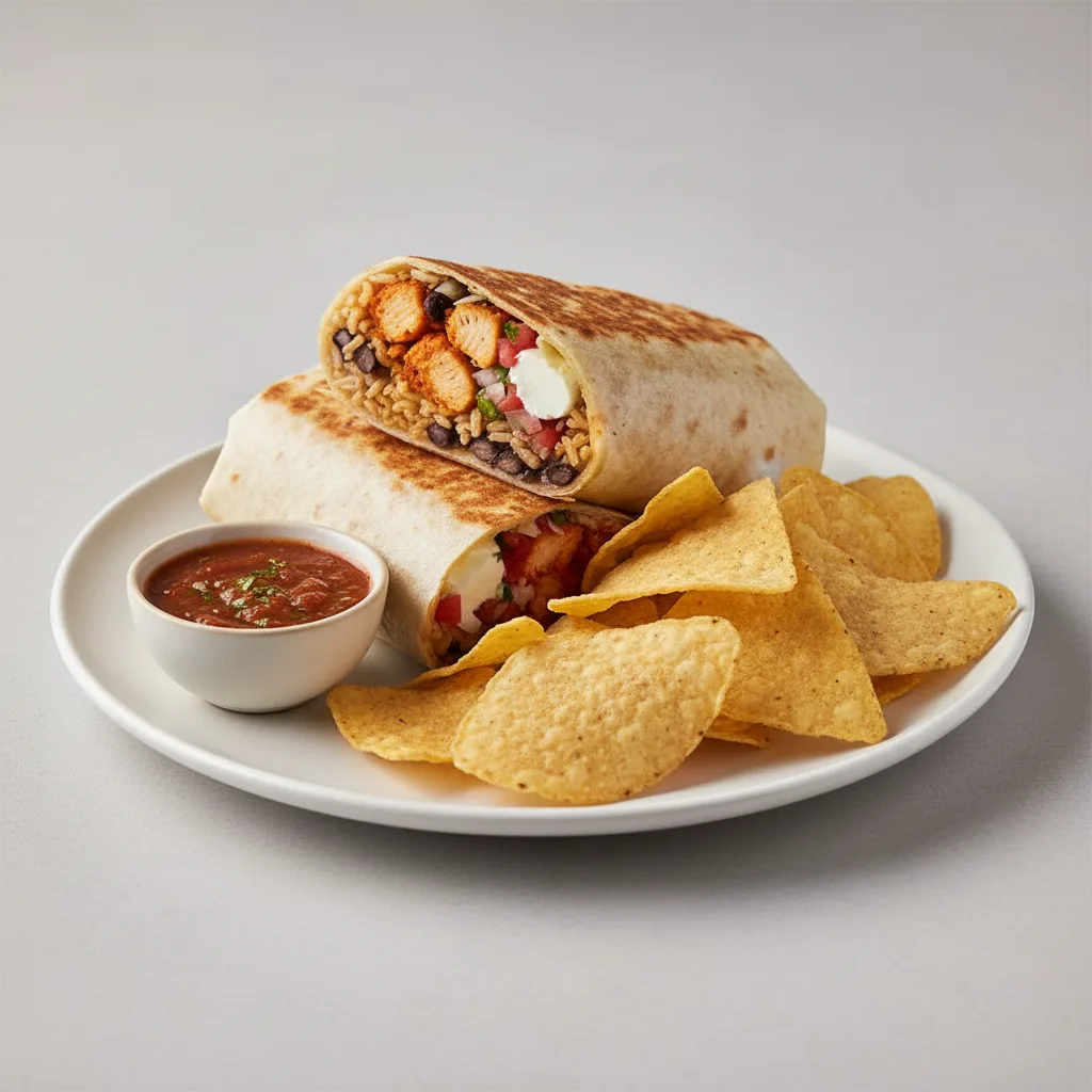 Al Pastor Chicken Super Burrito with Chips and Chipotle Salsa Al Pastor Chicken Super Burrito with Chips and Chipotle Salsa