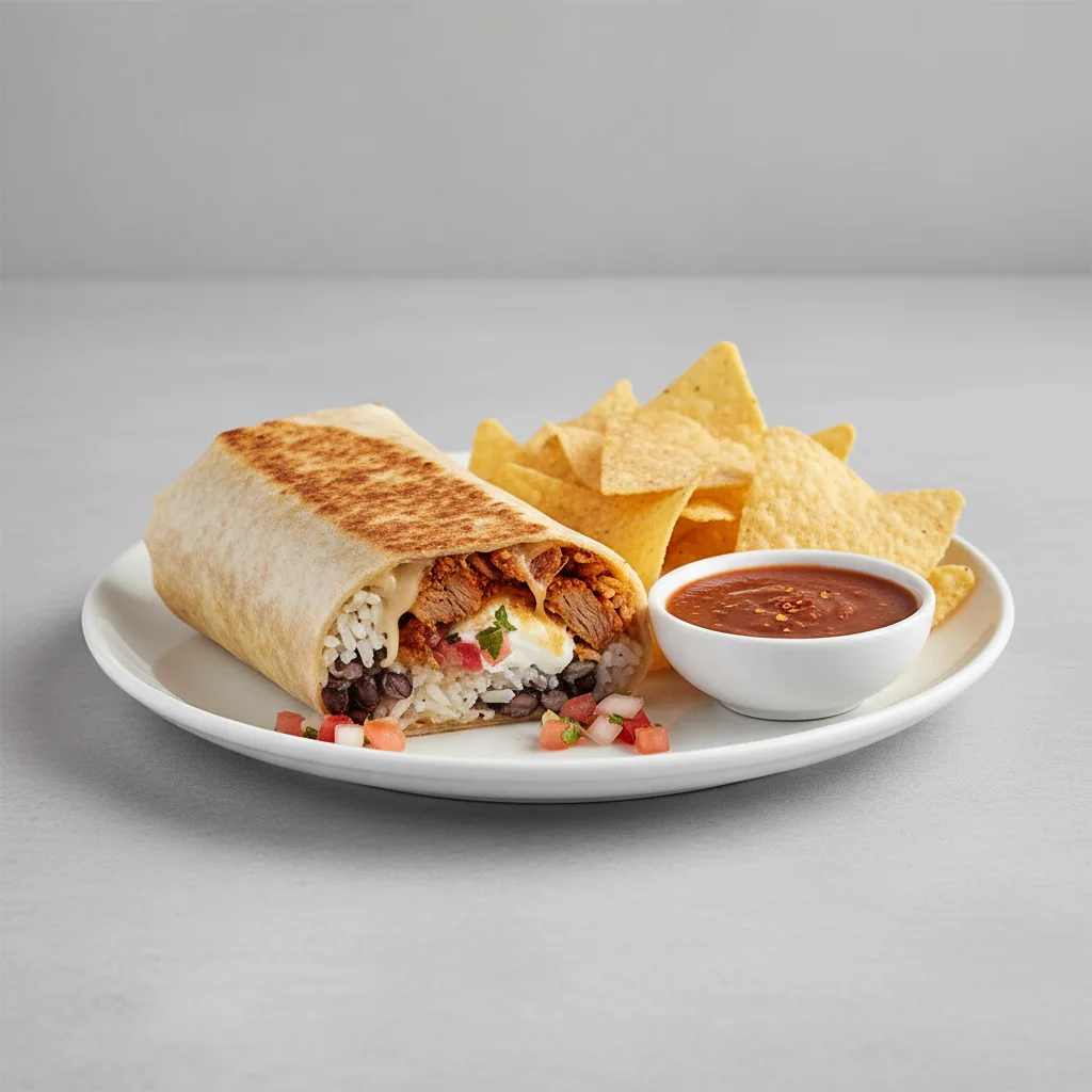 Al Pastor Pork Super Burrito with Chips and Chipotle Salsa Al Pastor Pork Super Burrito with Chips and Chipotle Salsa