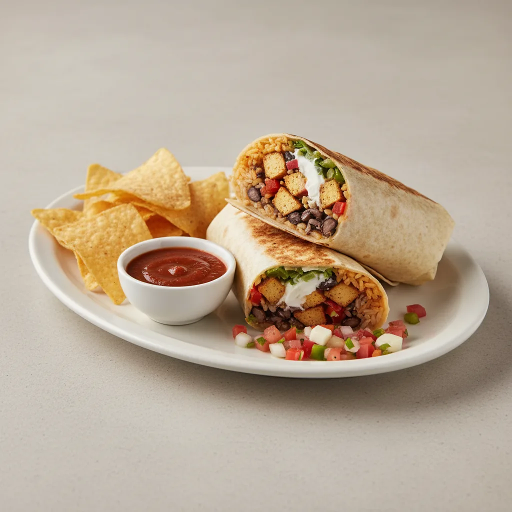 Al Pastor Tofu & Veggies Super Burrito with Chips and Chipotle Salsa Al Pastor Tofu & Veggies Super Burrito with Chips and Chipotle Salsa