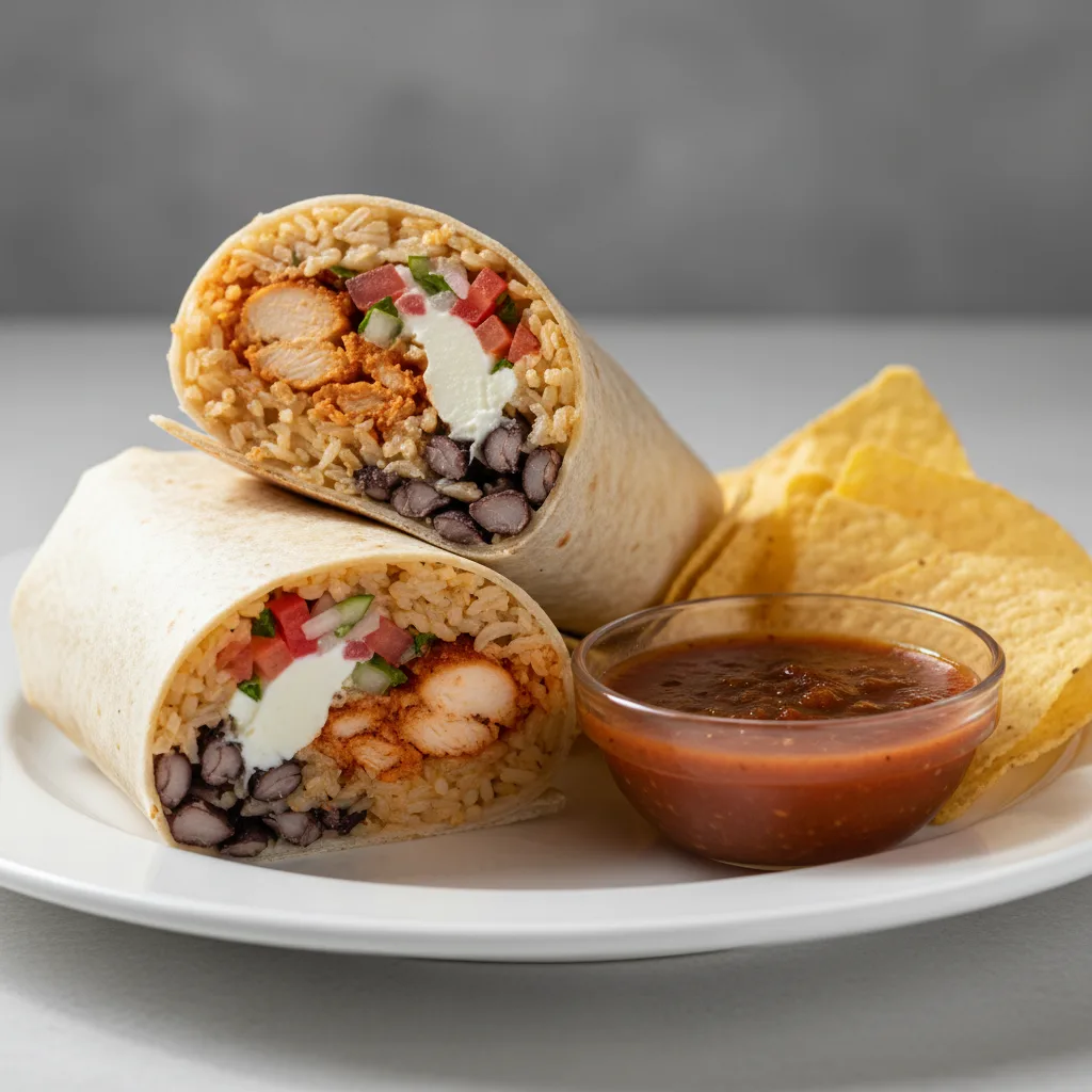 Gluten-Free Al Pastor Chicken Super Burrito with Chips and Chipotle Salsa Gluten-Free Al Pastor Chicken Super Burrito with Chips and Chipotle Salsa