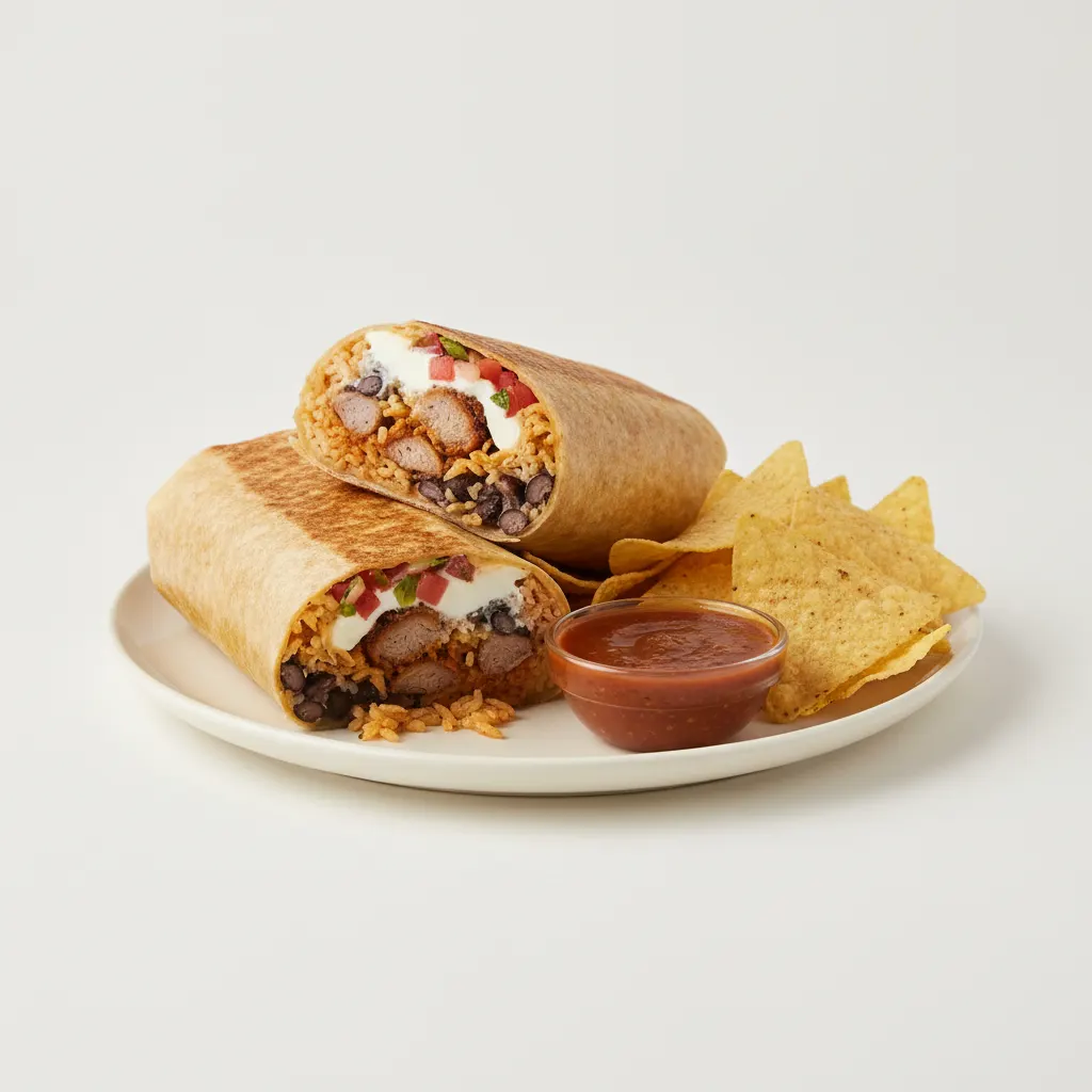 Gluten-Free Al Pastor Pork Super Burrito with Chips and Chipotle Salsa Gluten-Free Al Pastor Pork Super Burrito with Chips and Chipotle Salsa