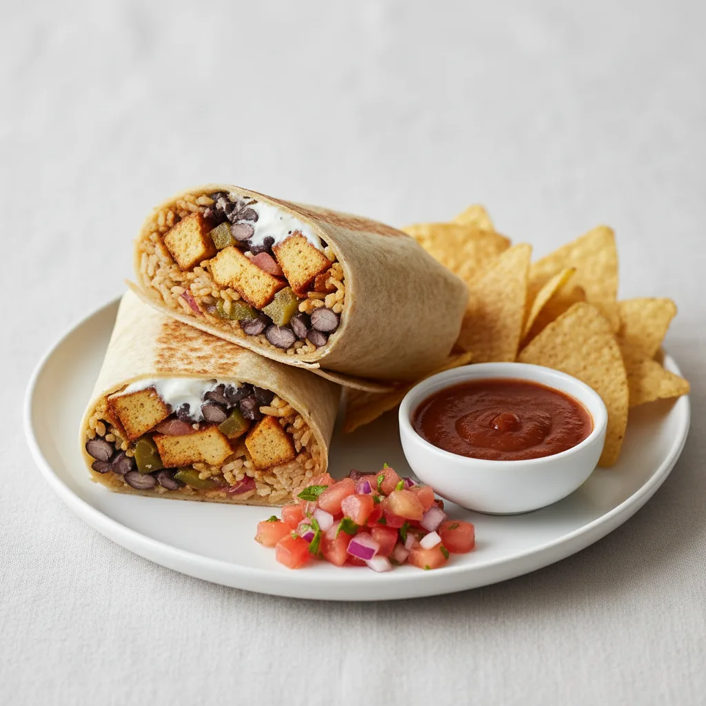 Gluten-Free Al Pastor Tofu & Veggies Super Burrito with Chips and Chipotle Salsa Gluten-Free Al Pastor Tofu & Veggies Super Burrito with Chips and Chipotle Salsa