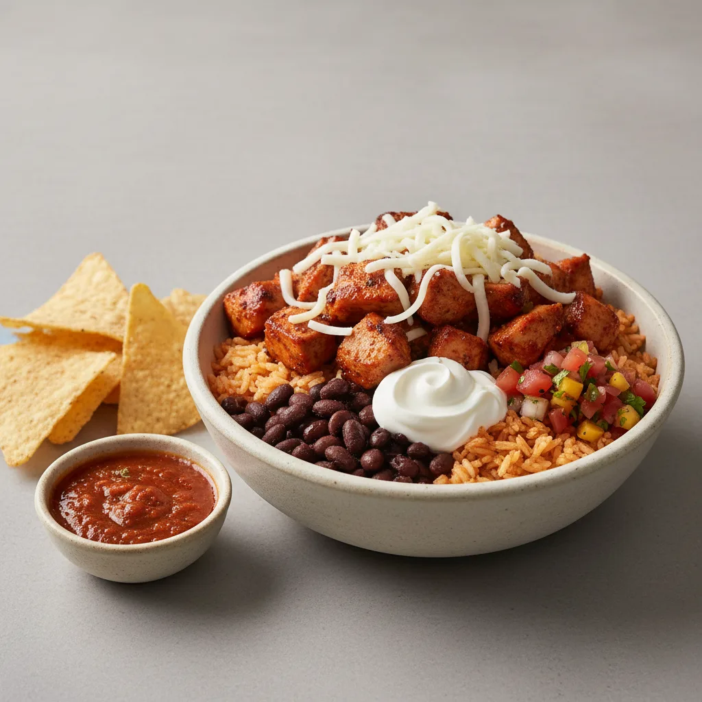 Al Pastor Chicken Super Burrito Bowl with Chips and Chipotle Salsa Al Pastor Chicken Super Burrito Bowl with Chips and Chipotle Salsa