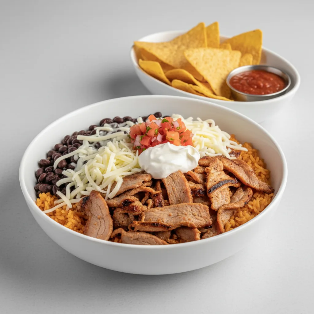 Al Pastor Pork Super Burrito Bowl with Chips and Chipotle Salsa Al Pastor Pork Super Burrito Bowl with Chips and Chipotle Salsa