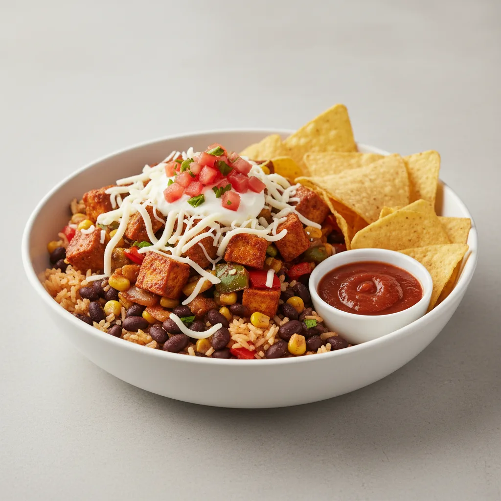 Al Pastor Tofu & Veggie Super Burrito Bowl with Chips and Chipotle Salsa Al Pastor Tofu & Veggie Super Burrito Bowl with Chips and Chipotle Salsa