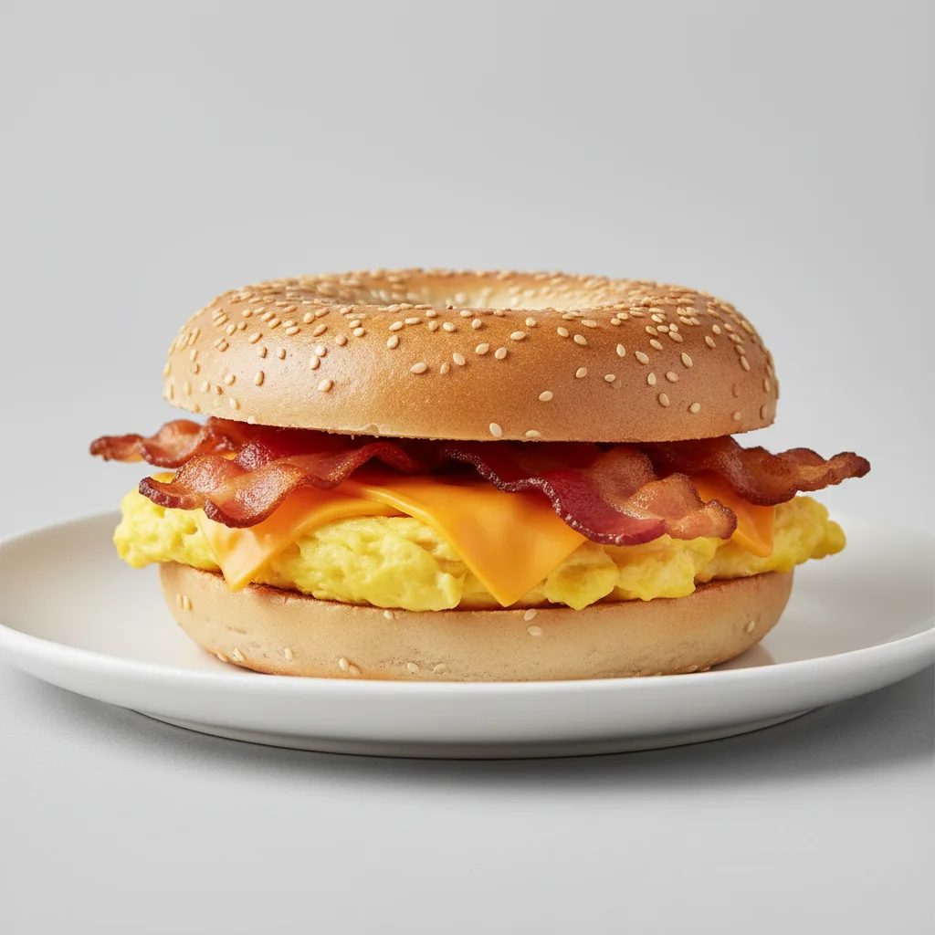 Egg, Cheese and Bacon Sandwich - Sesame Bagel Egg, Cheese and Bacon Sandwich - Sesame Bagel