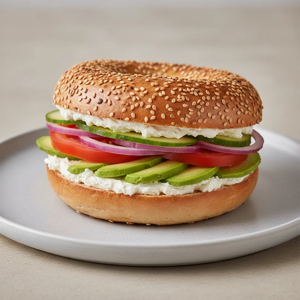 Plain Cream Cheese, Veggie and Avocado Sandwich - Sesame Bagel Plain Cream Cheese, Veggie and Avocado Sandwich - Sesame Bagel