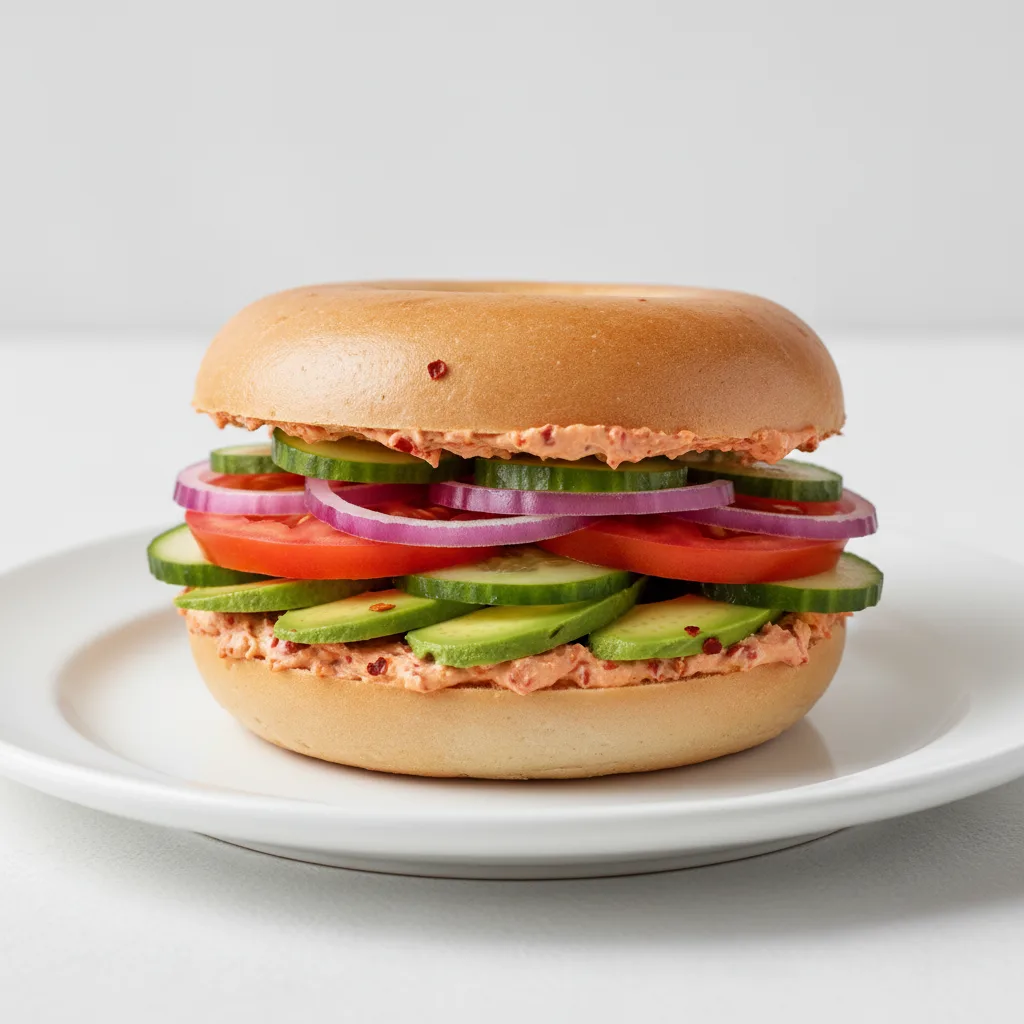 Garlic Chili Crisp Cream Cheese, Veggie and Avocado Sandwich - Plain Bagel Garlic Chili Crisp Cream Cheese, Veggie and Avocado Sandwich - Plain Bagel