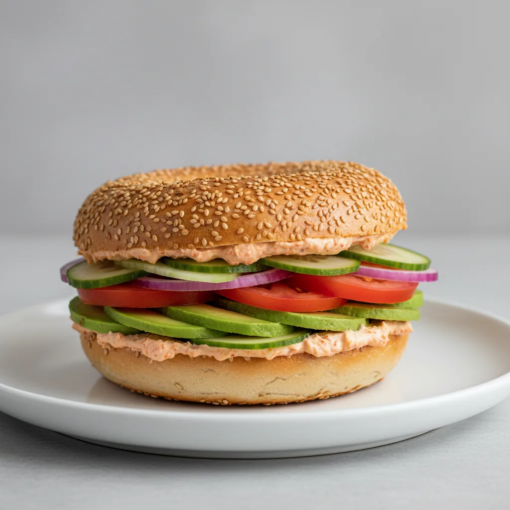 Garlic Chili Crisp Cream Cheese, Veggie and Avocado Sandwich - Sesame Bagel Garlic Chili Crisp Cream Cheese, Veggie and Avocado Sandwich - Sesame Bagel