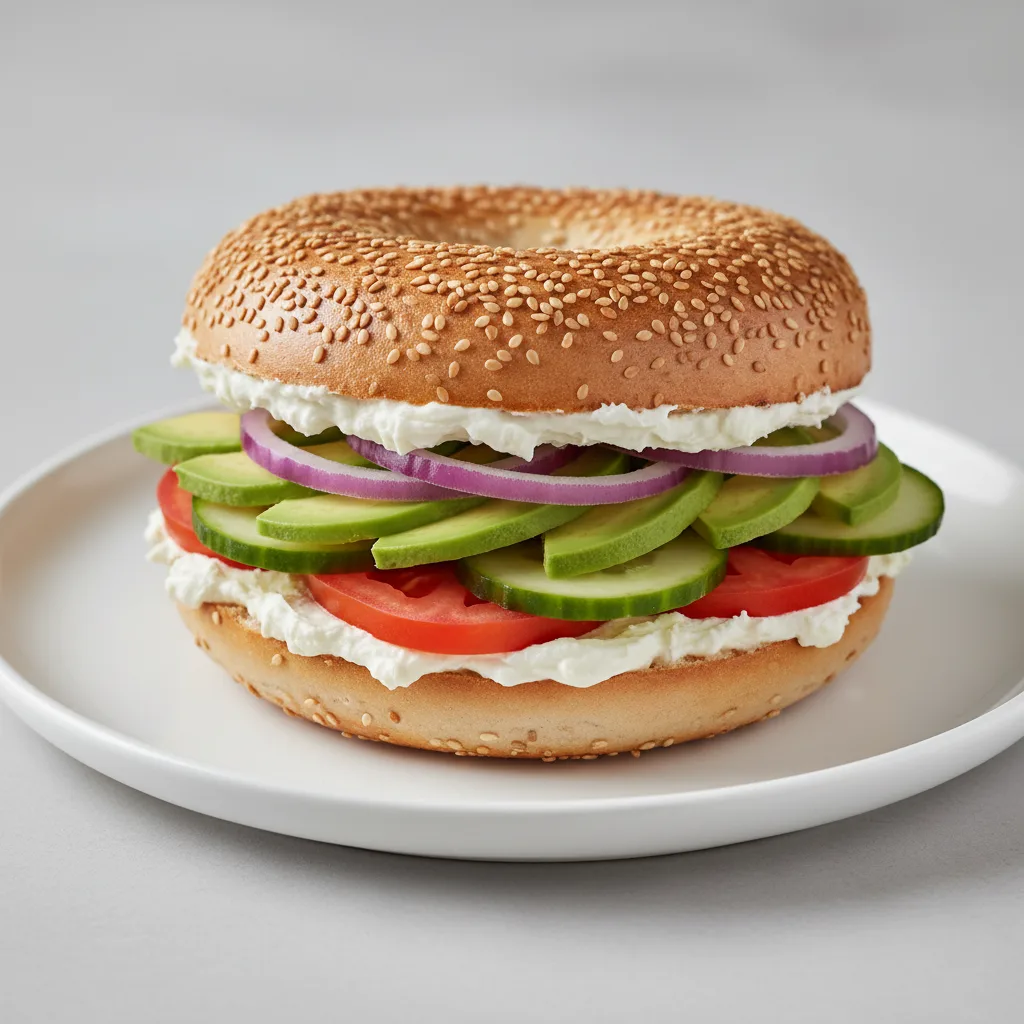 Vegan Cream Cheese, Veggie and Avocado Sandwich - Sesame Bagel Vegan Cream Cheese, Veggie and Avocado Sandwich - Sesame Bagel