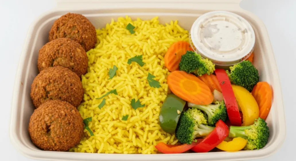 Falafels with Rice and Sauteed Veggies (Thoum Sauce)