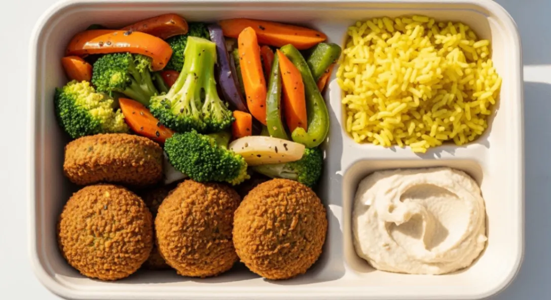 Falafels with Rice and Sauteed Veggies (Hummus)
