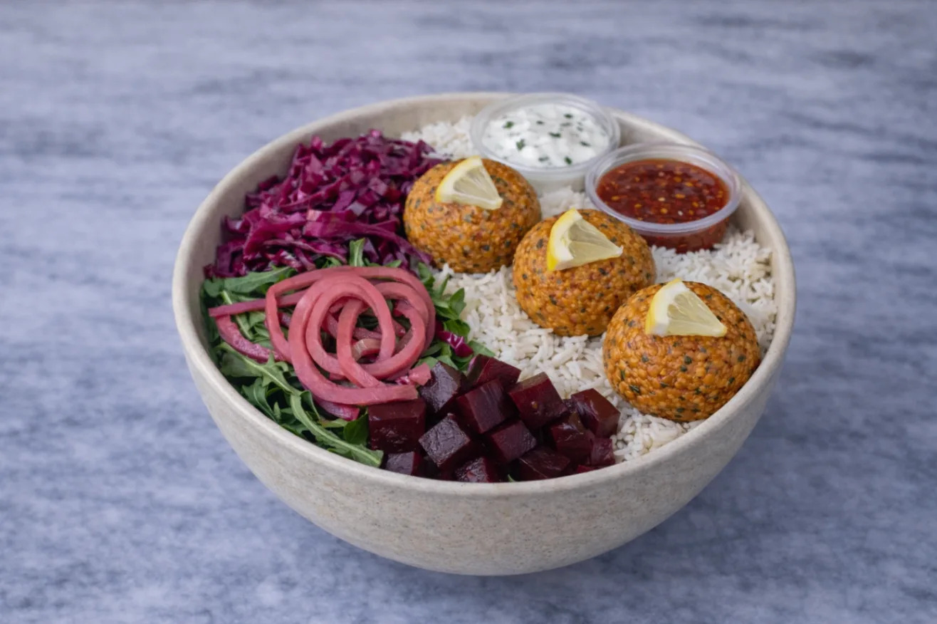 Red Lentils Balls Rice and Arugula Bowl