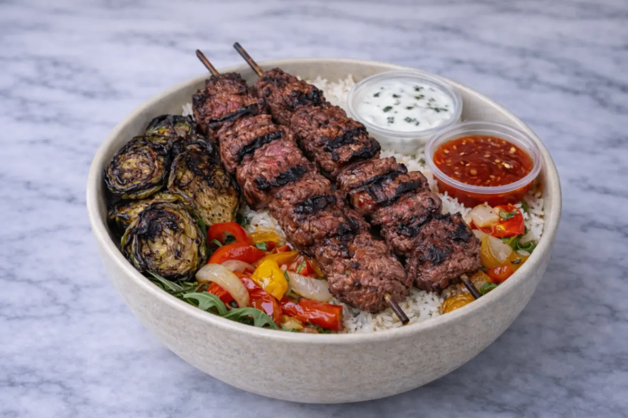 Grilled Beef Skewer Rice and Arugula Bowl