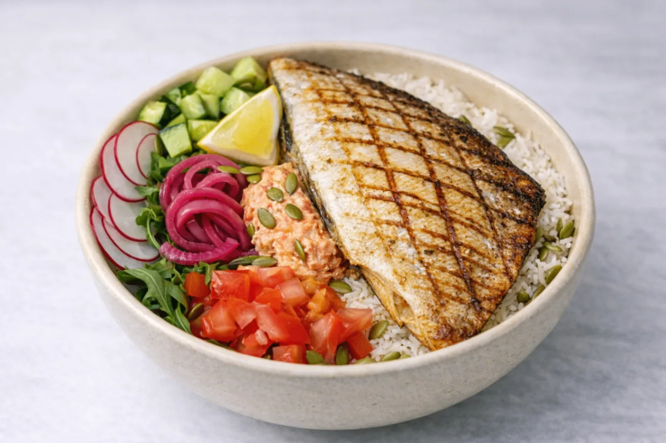 Grilled Branzino Rice and Arugula Bowl
