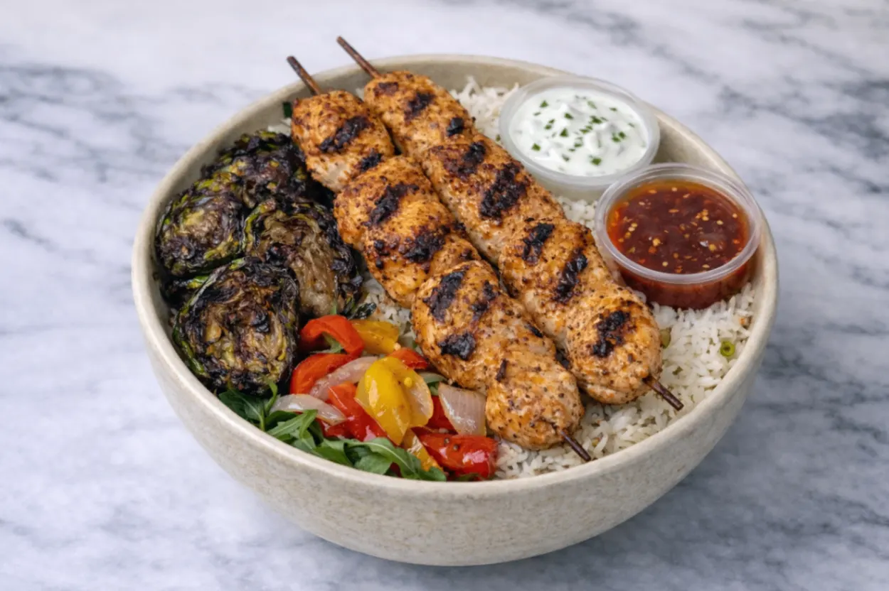 Grilled Chicken Skewer Rice and Arugula Bowl