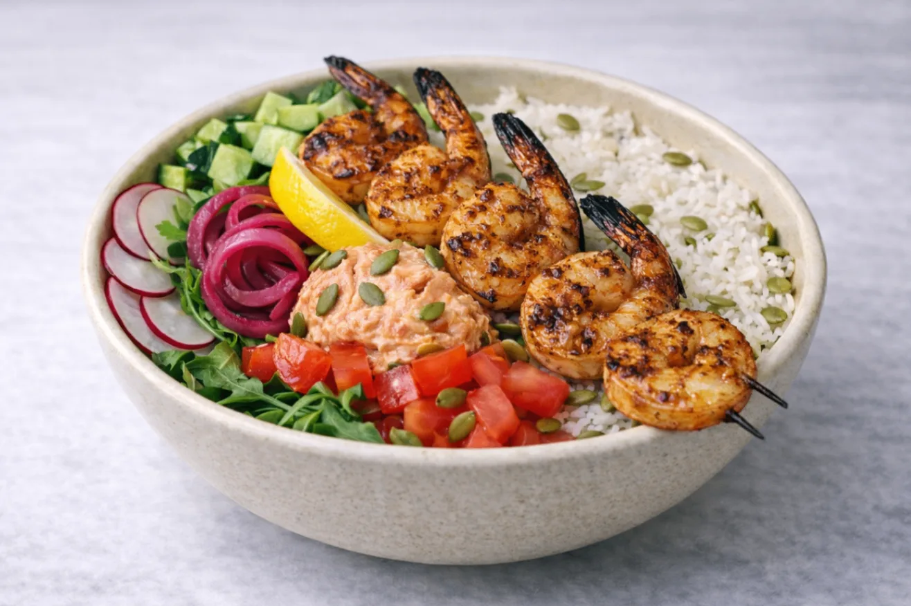 Grilled Prawns Skewer Rice and Arugula Bowl