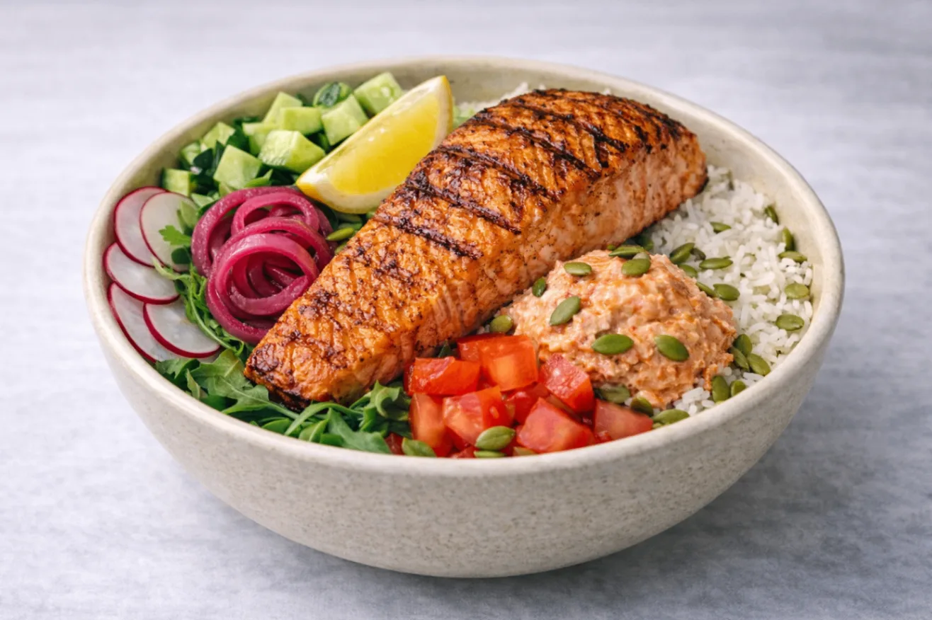 Grilled Salmon Rice and Arugula Bowl