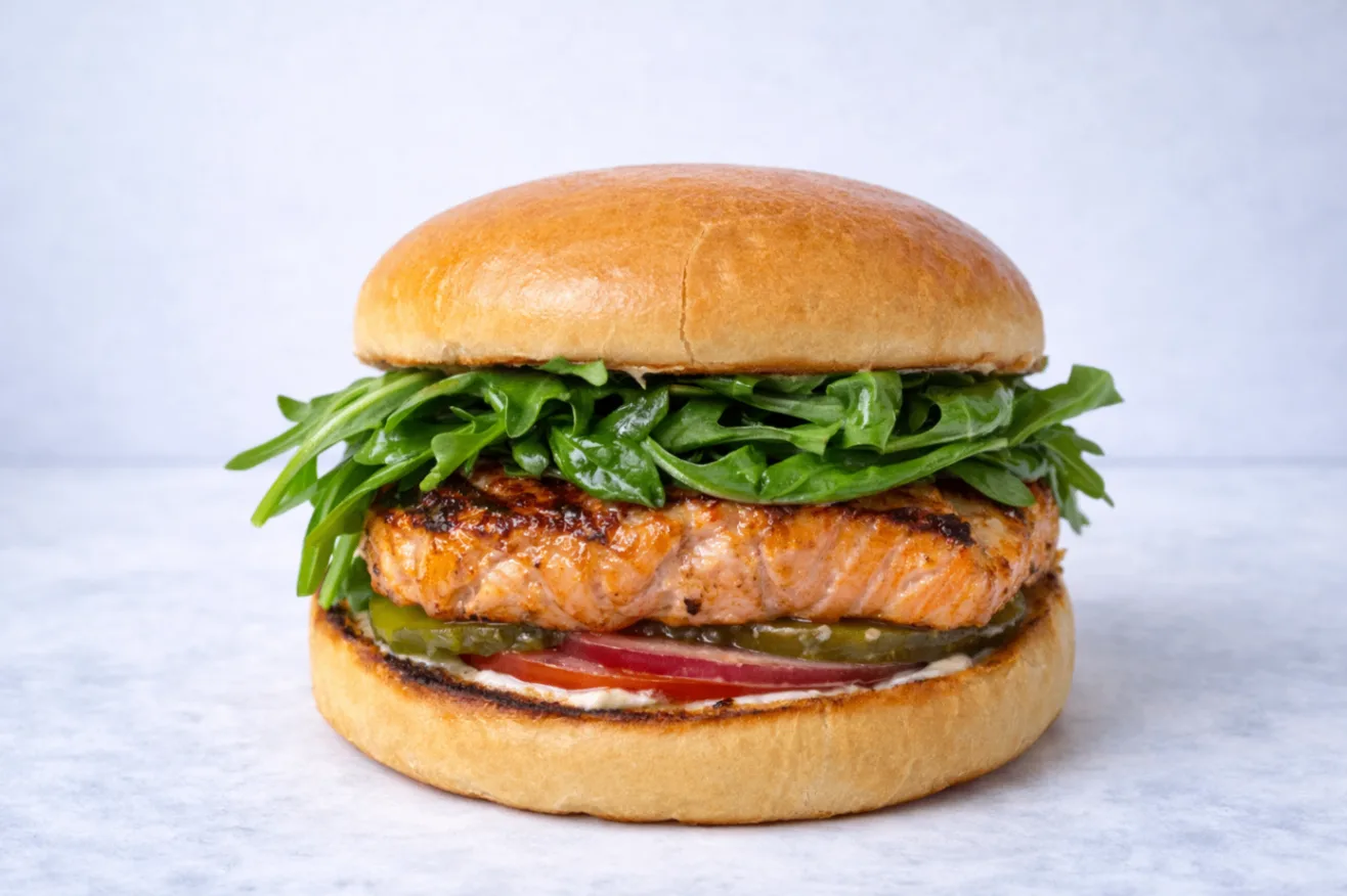 Grilled Salmon Burger with Fries