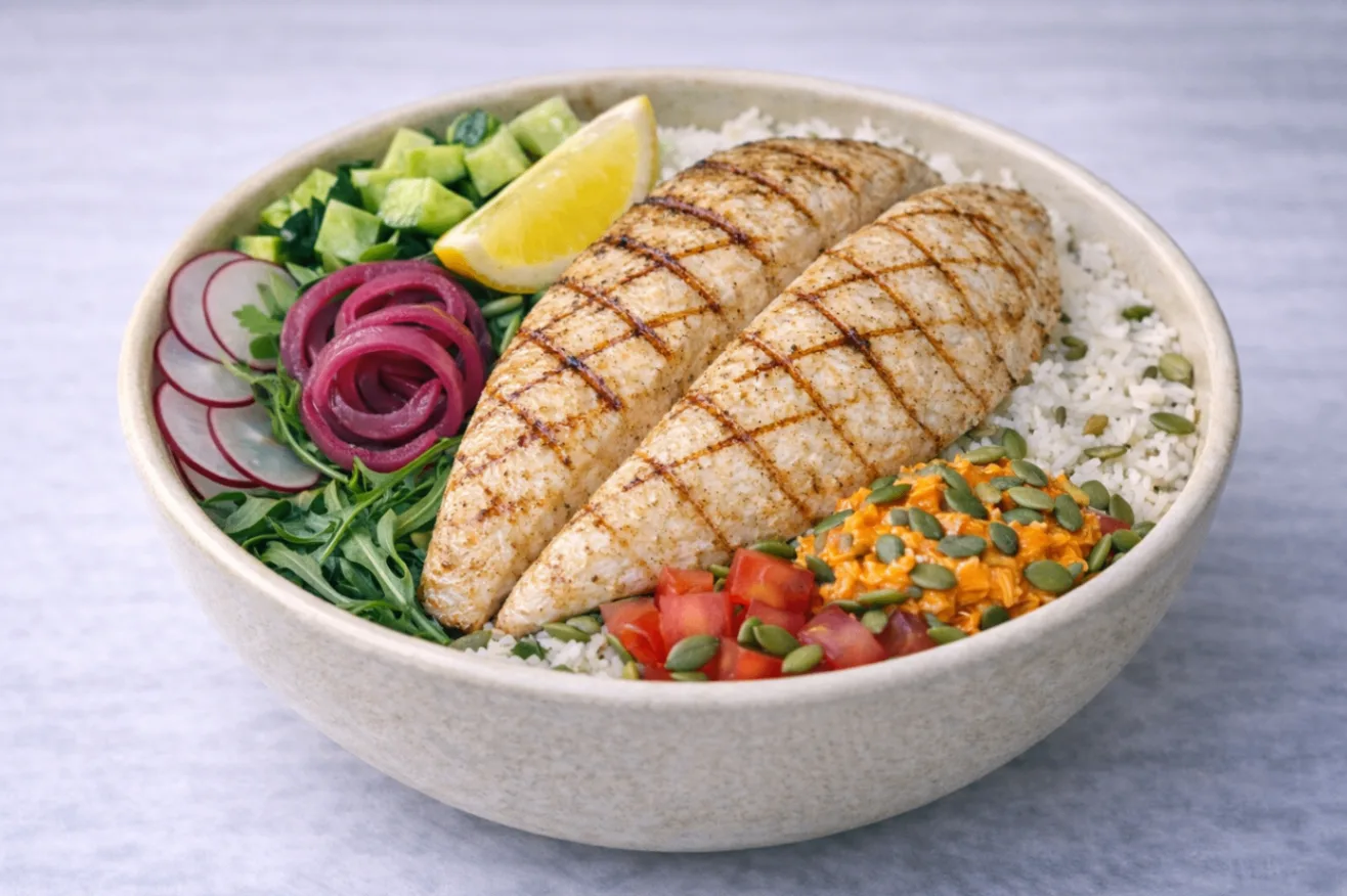Grilled Tilapia Rice and Arugula Bowl