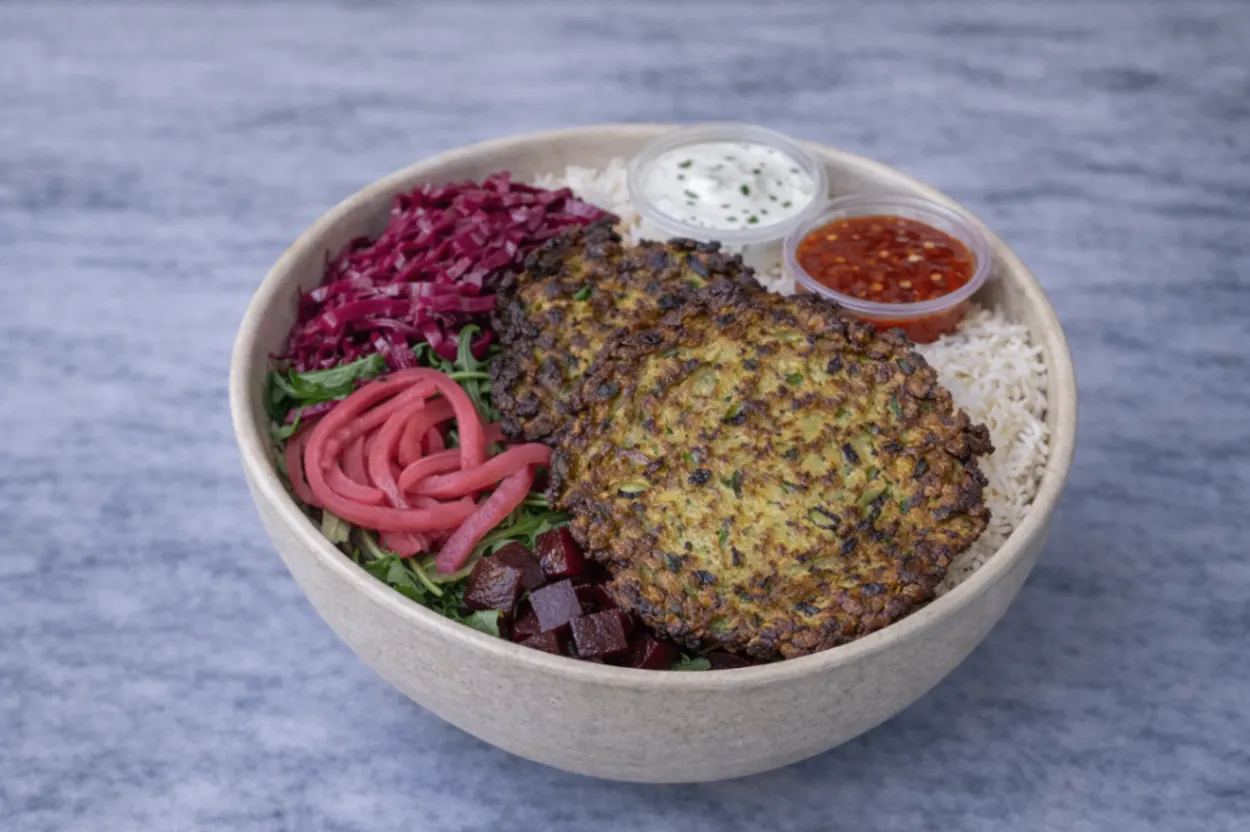 Zucchini Fritters Rice and Arugula Bowl