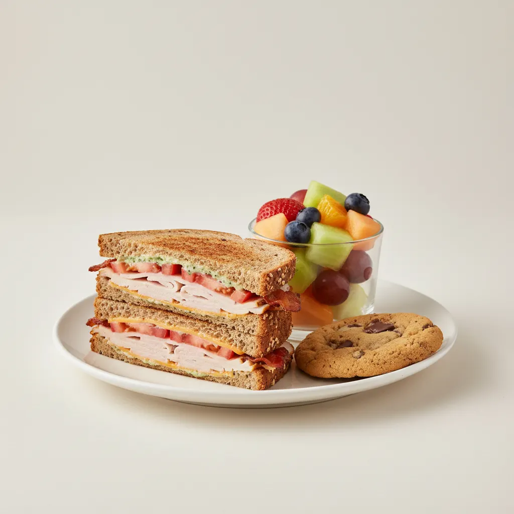 Turkey and Bacon Club Sandwich With Fruit Cup and Chocolate Chip Cookie