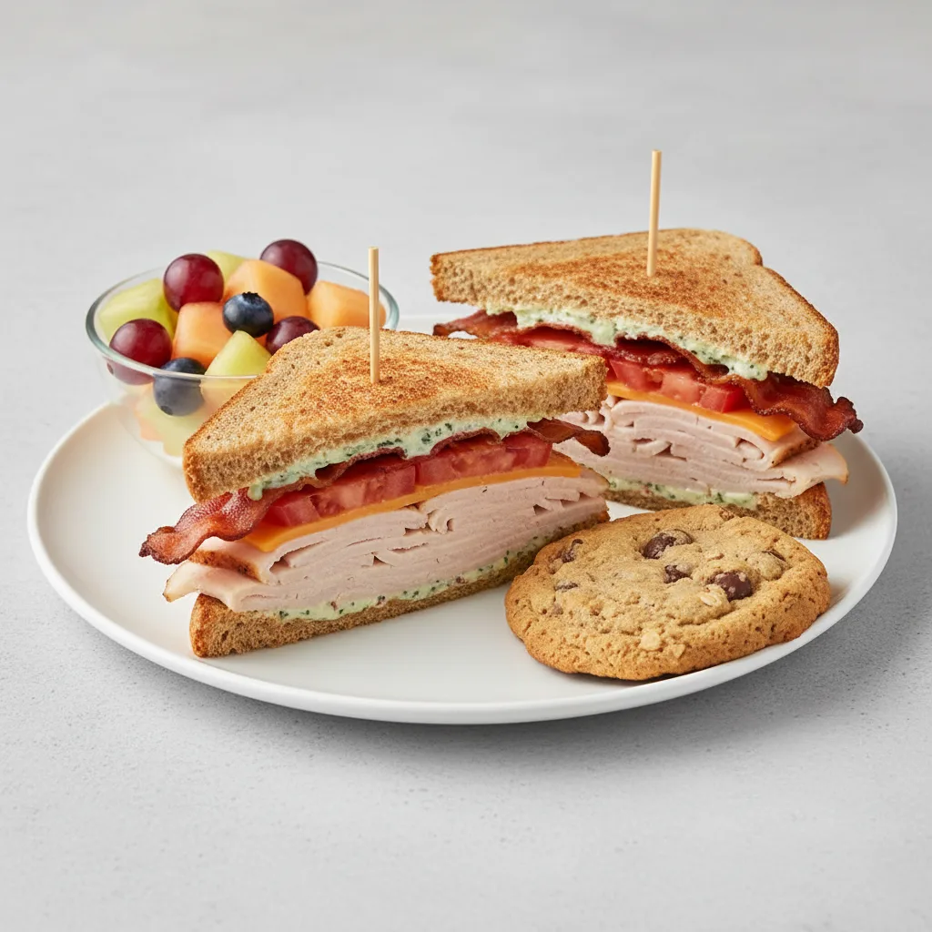 Gluten-Free Turkey and Bacon Club Sandwich With Fruit Cup and Cowboy Cookie