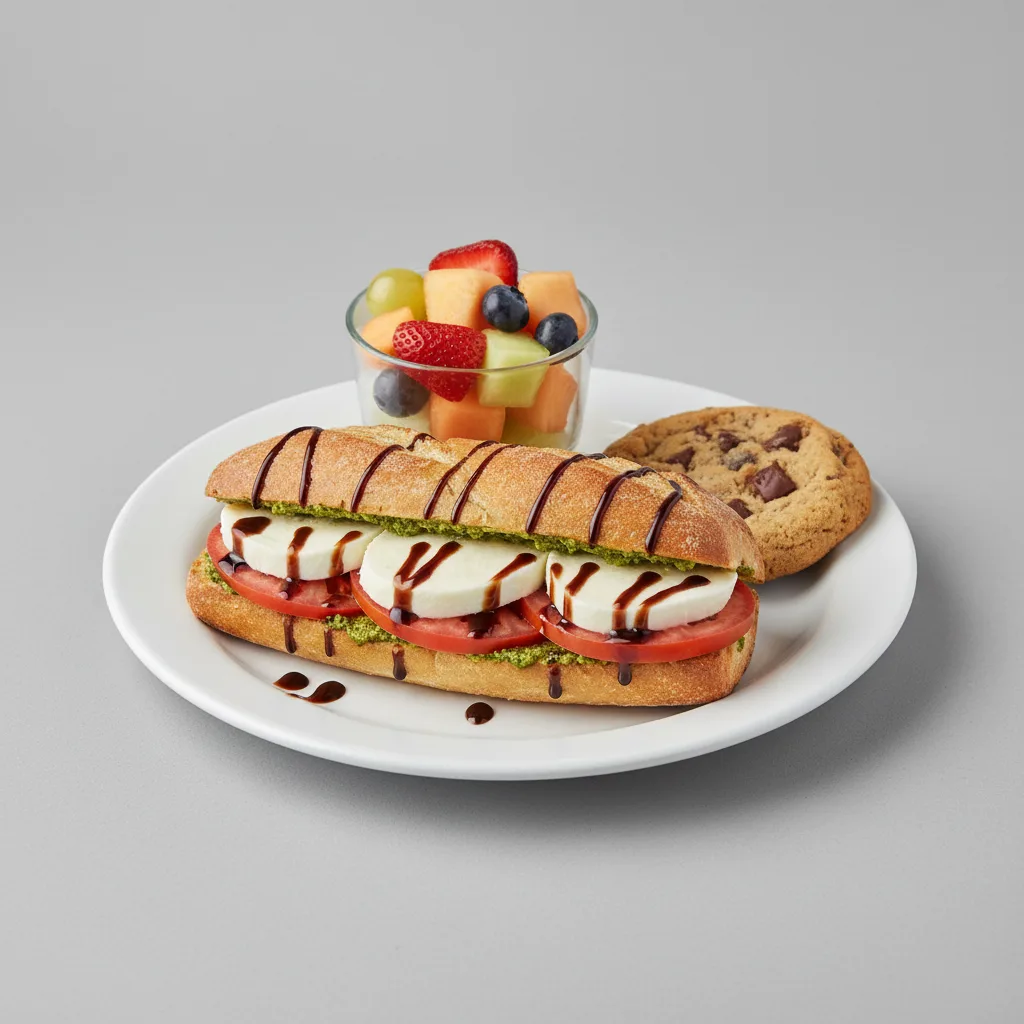 Caprese Sandwich With Fruit Cup and Chocolate Chip Cookie