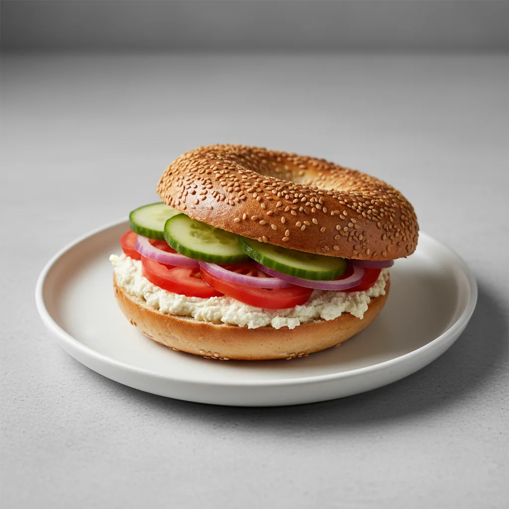 Sesame Bagel & Tofu Cream Cheese, Tomato, Onion, Cucumber Sesame Bagel & Tofu Cream Cheese, Tomato, Onion, Cucumber