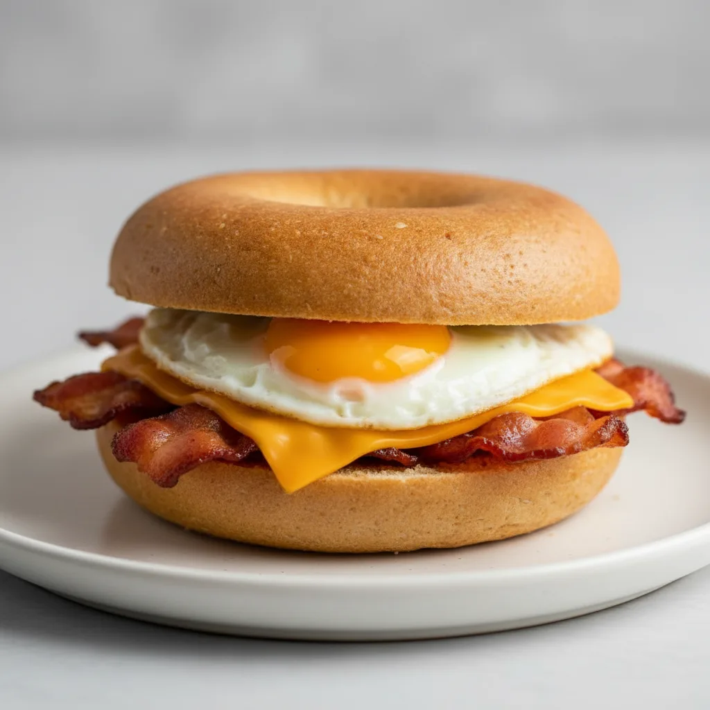 Gluten Free Bagel Sandwich: Bacon Egg and Cheese Gluten Free Bagel Sandwich: Bacon Egg and Cheese