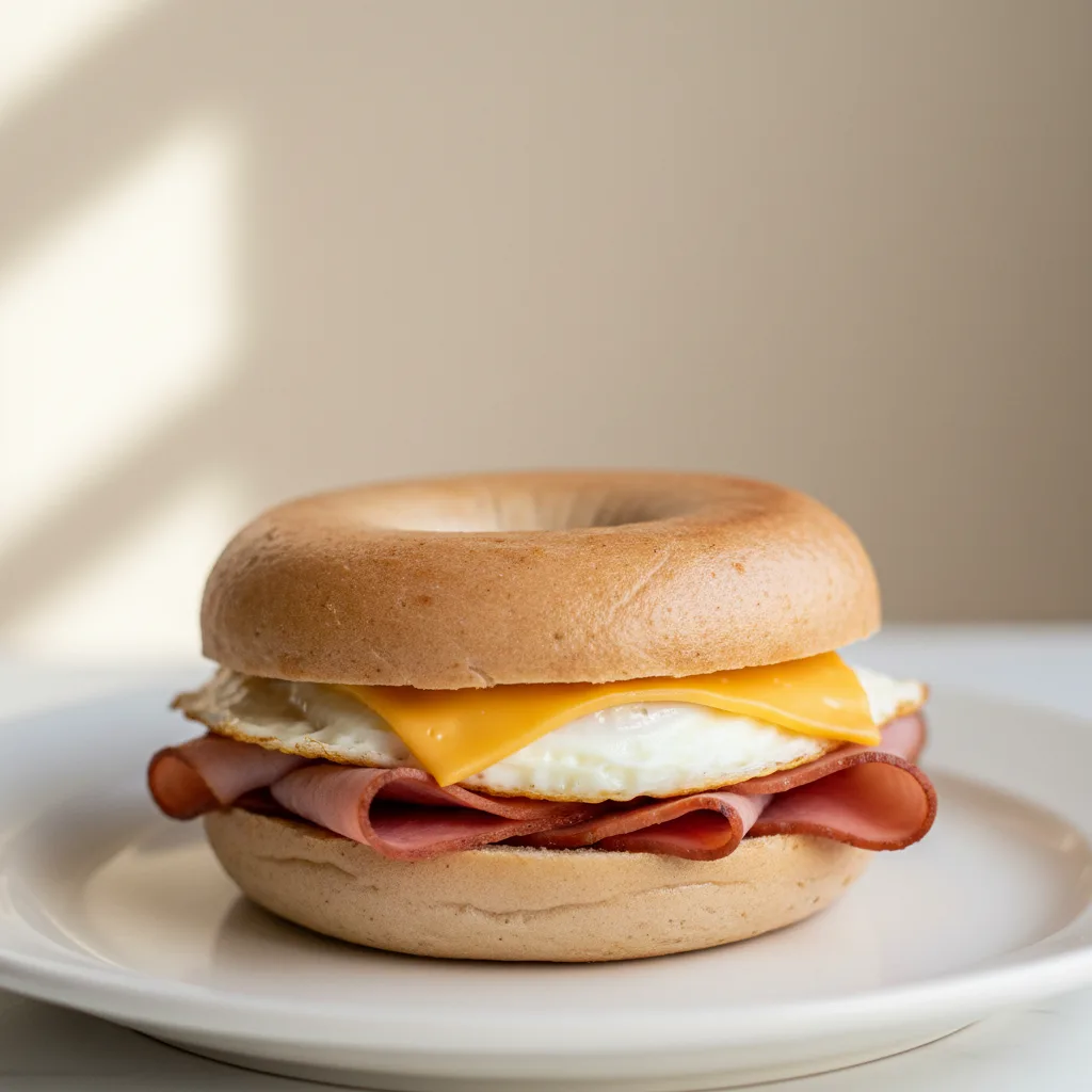 Gluten Free Bagel Sandwich: Taylor Ham Egg and Cheese Gluten Free Bagel Sandwich: Taylor Ham Egg and Cheese