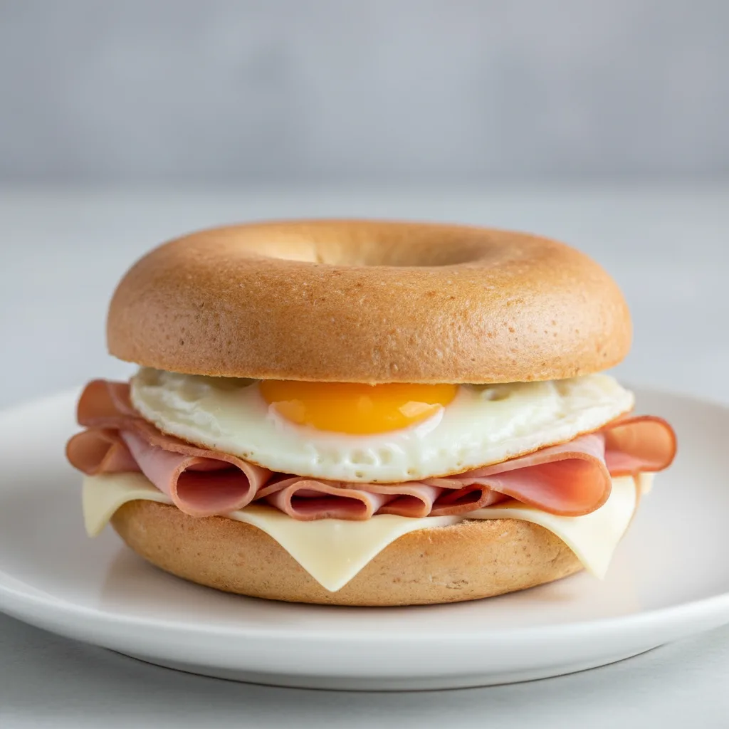 Gluten Free Bagel Sandwich: Ham Egg and Cheese Gluten Free Bagel Sandwich: Ham Egg and Cheese