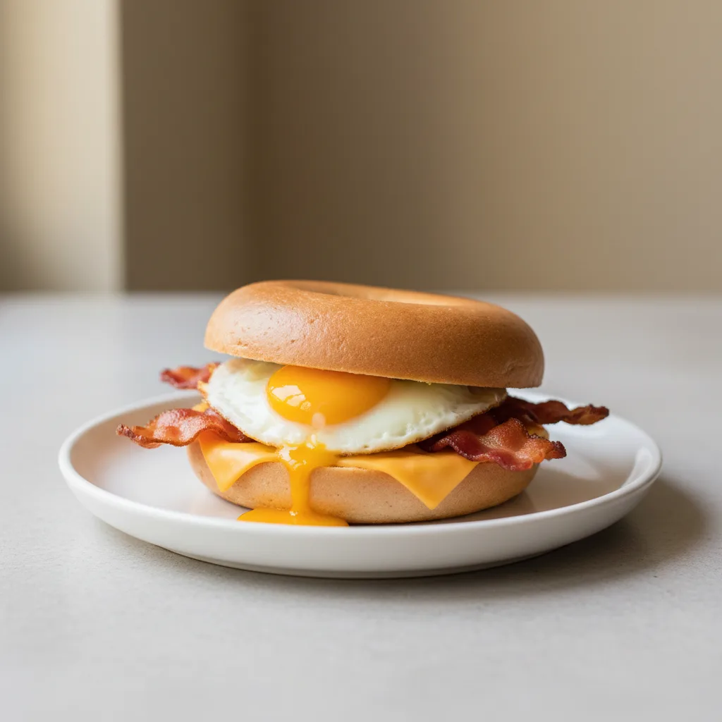 Gluten Free Bagel Sandwich: Turkey Bacon Egg and Cheese Gluten Free Bagel Sandwich: Turkey Bacon Egg and Cheese