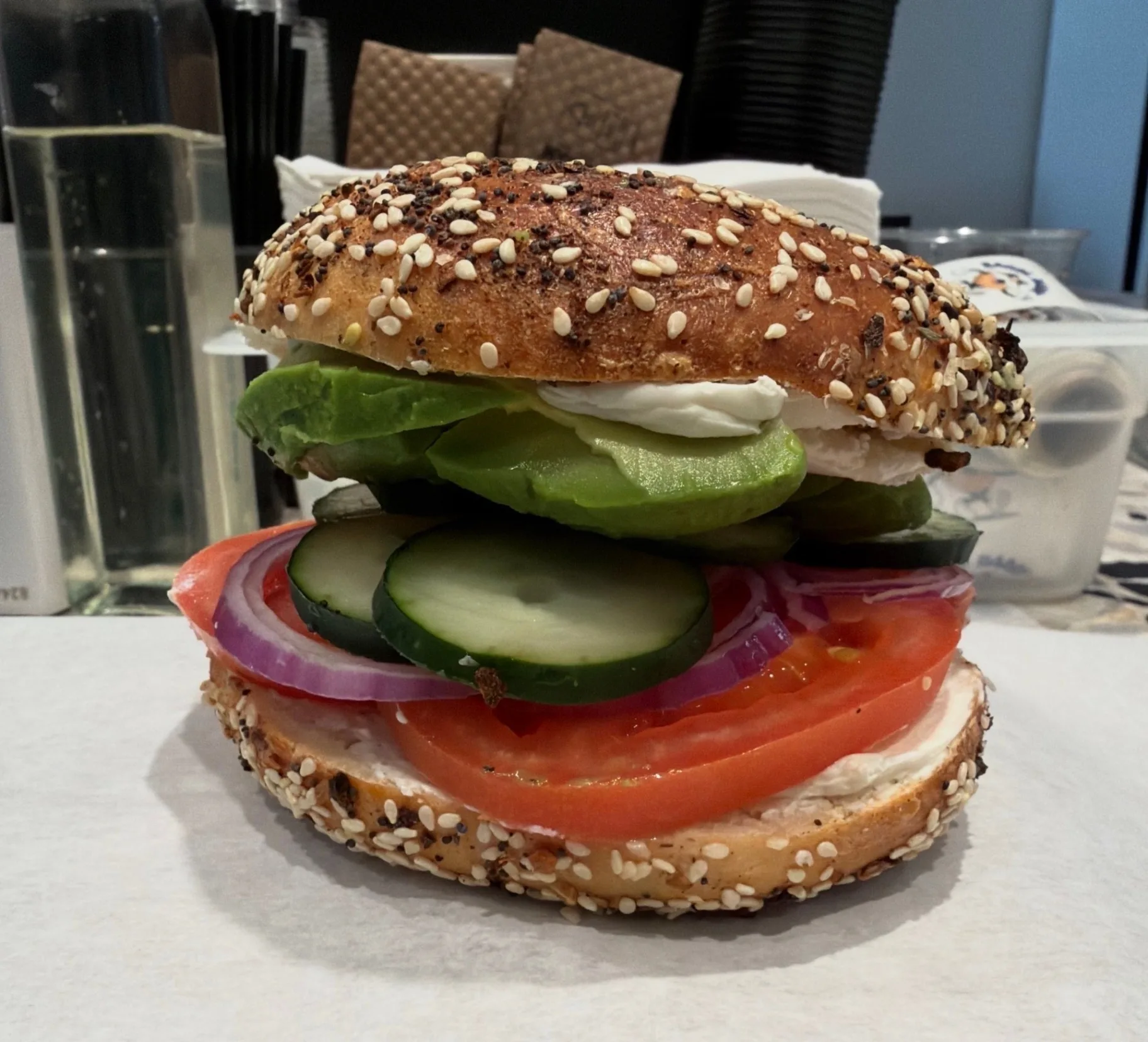 Plain Cream Cheese, Veggie and Avocado Sandwich - Everything Bagel