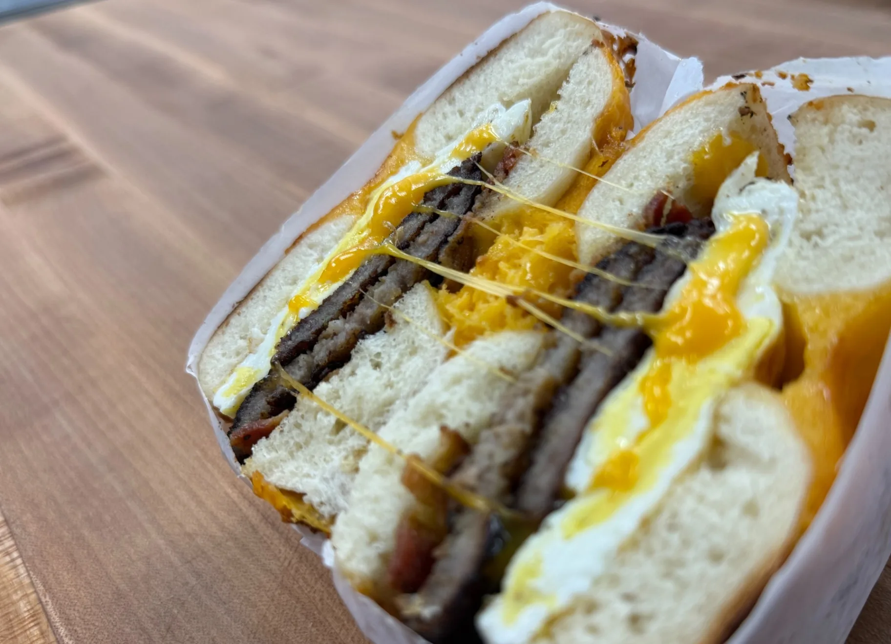 Egg, Cheese and Sausage Sandwich - Everything Bagel