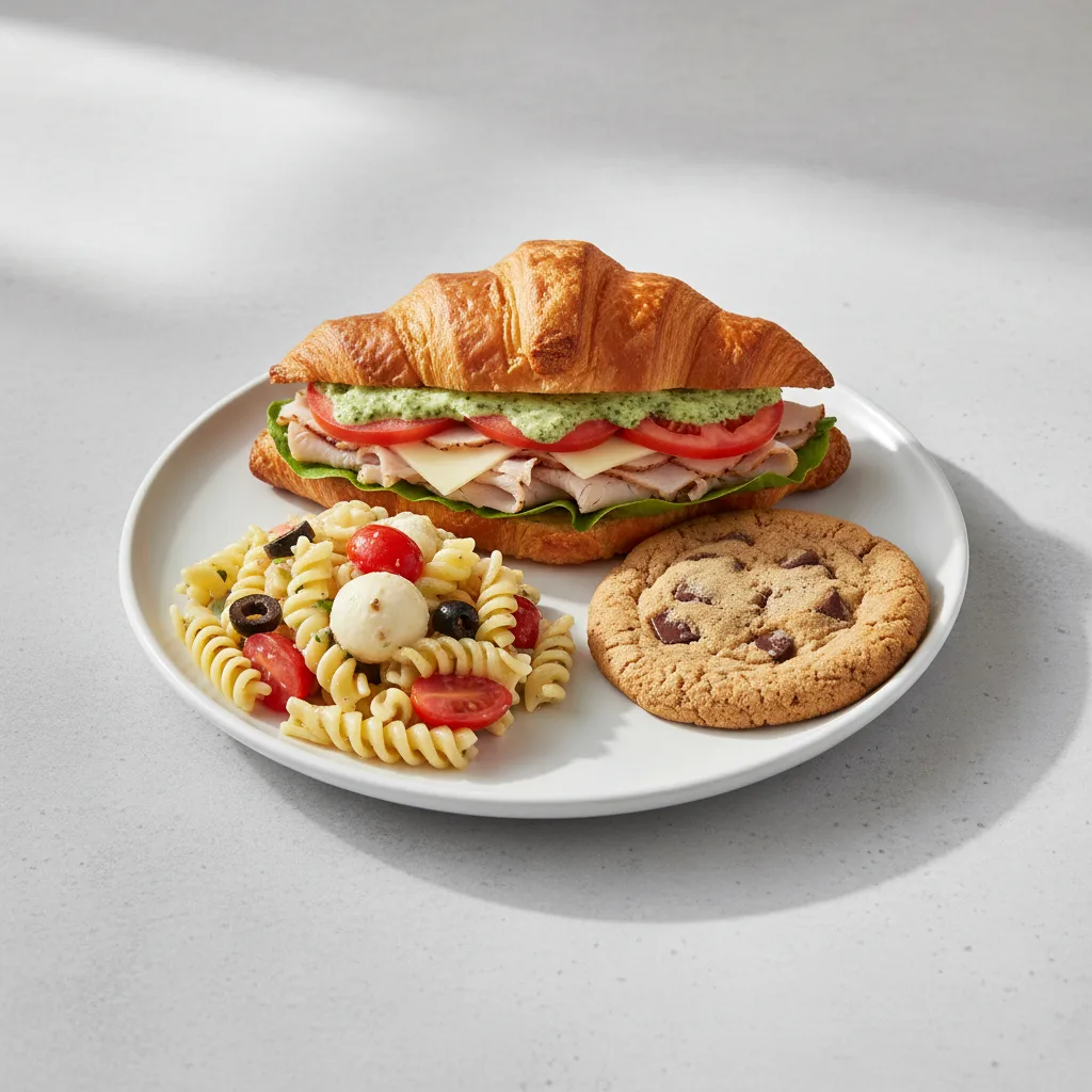 Turkey Pesto Sandwich with Pasta Salad and Cookie Turkey Pesto Sandwich with Pasta Salad and Cookie