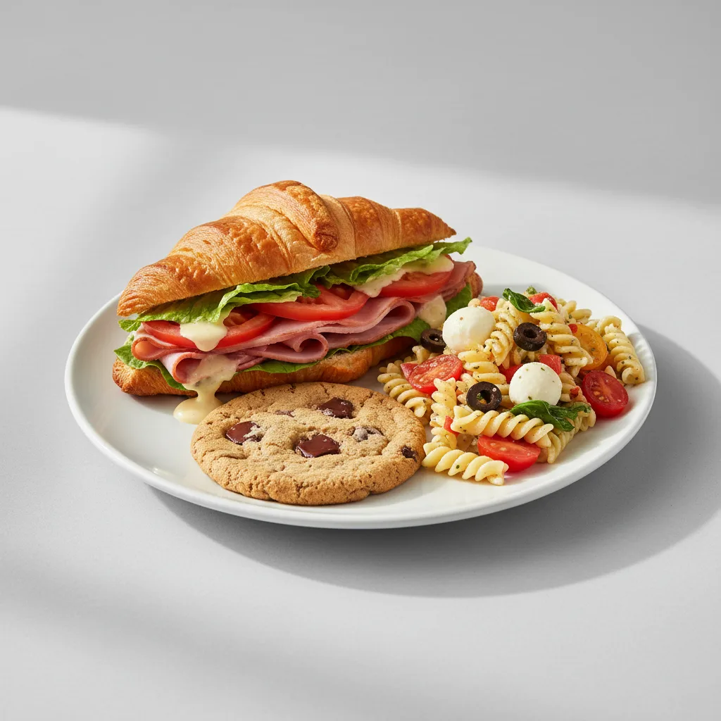 Ham and Cheddar Sandwich with Pasta Salad and Cookie Ham and Cheddar Sandwich with Pasta Salad and Cookie