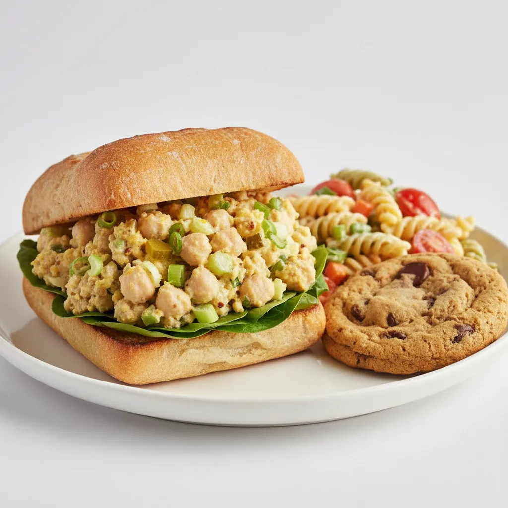 Chickpea Salad Sandwich with Pasta Salad and Cookie Chickpea Salad Sandwich with Pasta Salad and Cookie
