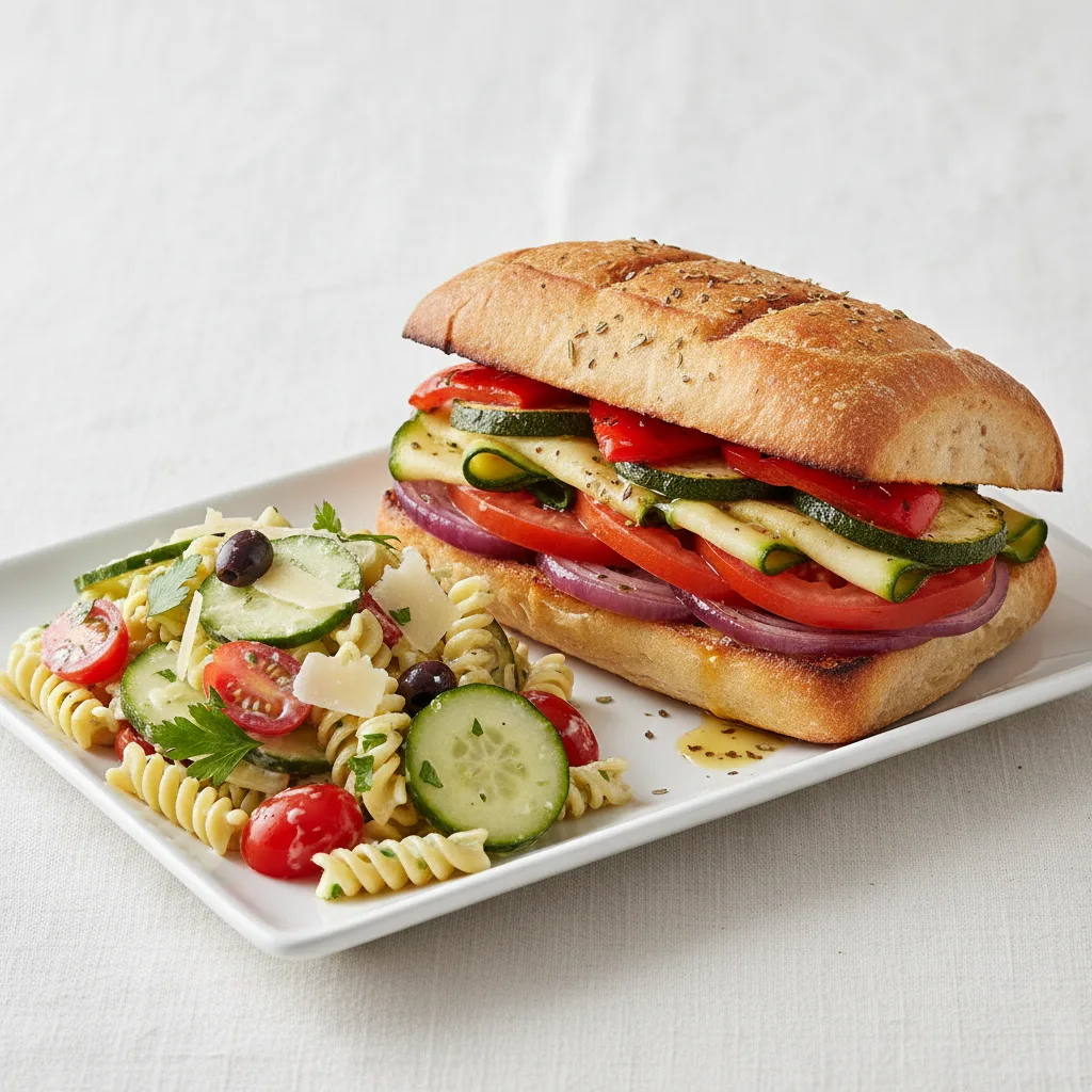 Roasted Veggie Sandwich with Pasta Salad