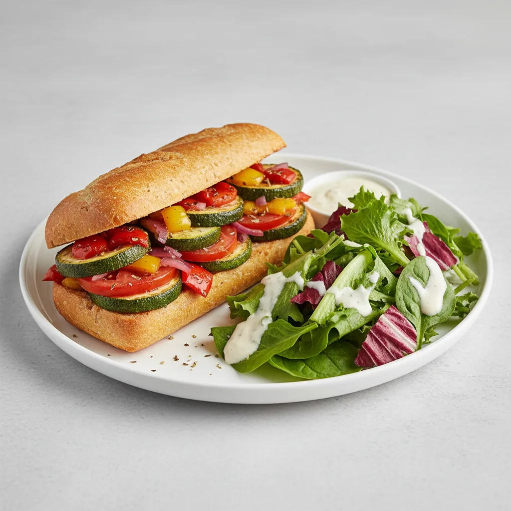 Gluten-Free Roasted Veggie Sandwich with Garden Salad and Ranch