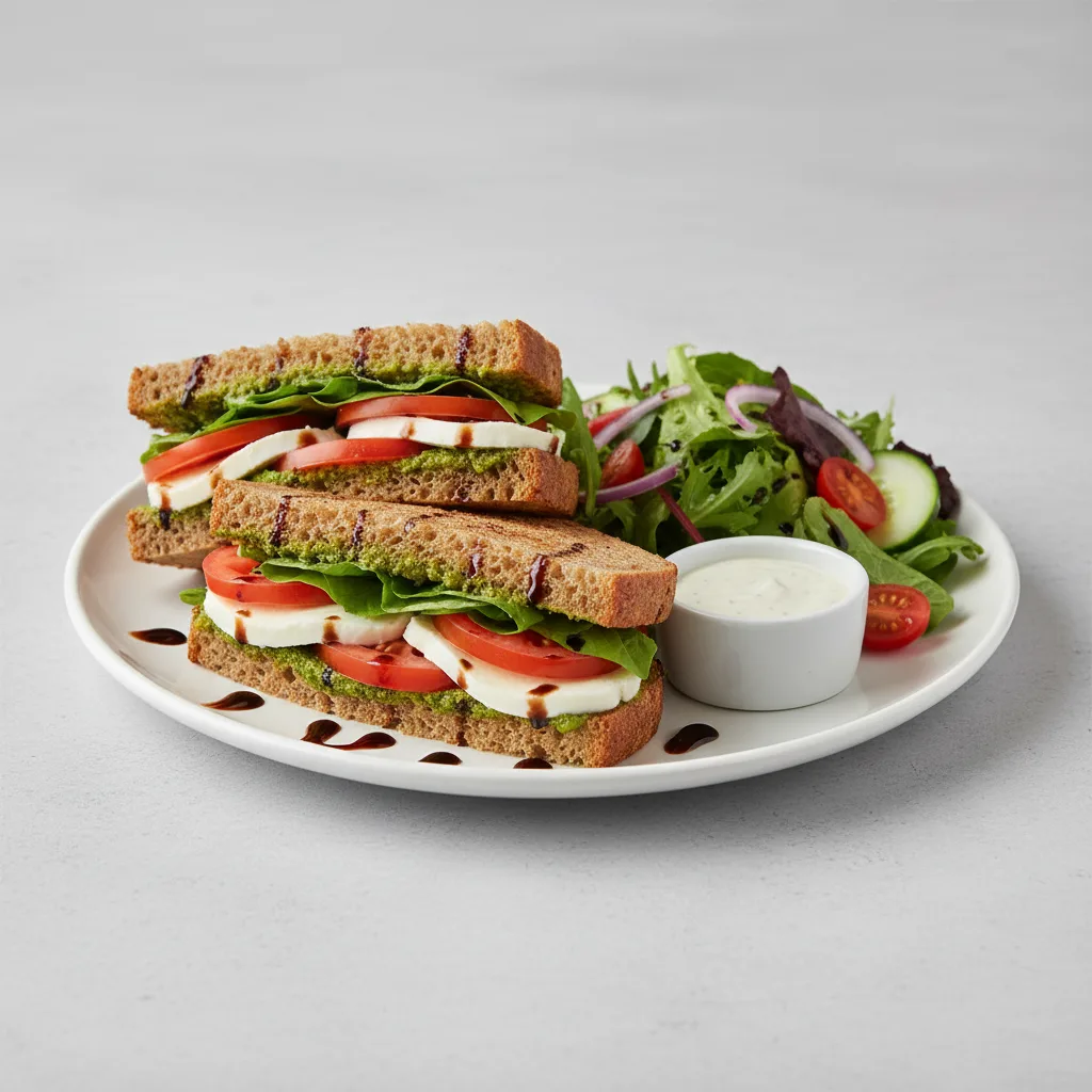 Gluten-Free Caprese Sandwich with Garden Salad and Ranch