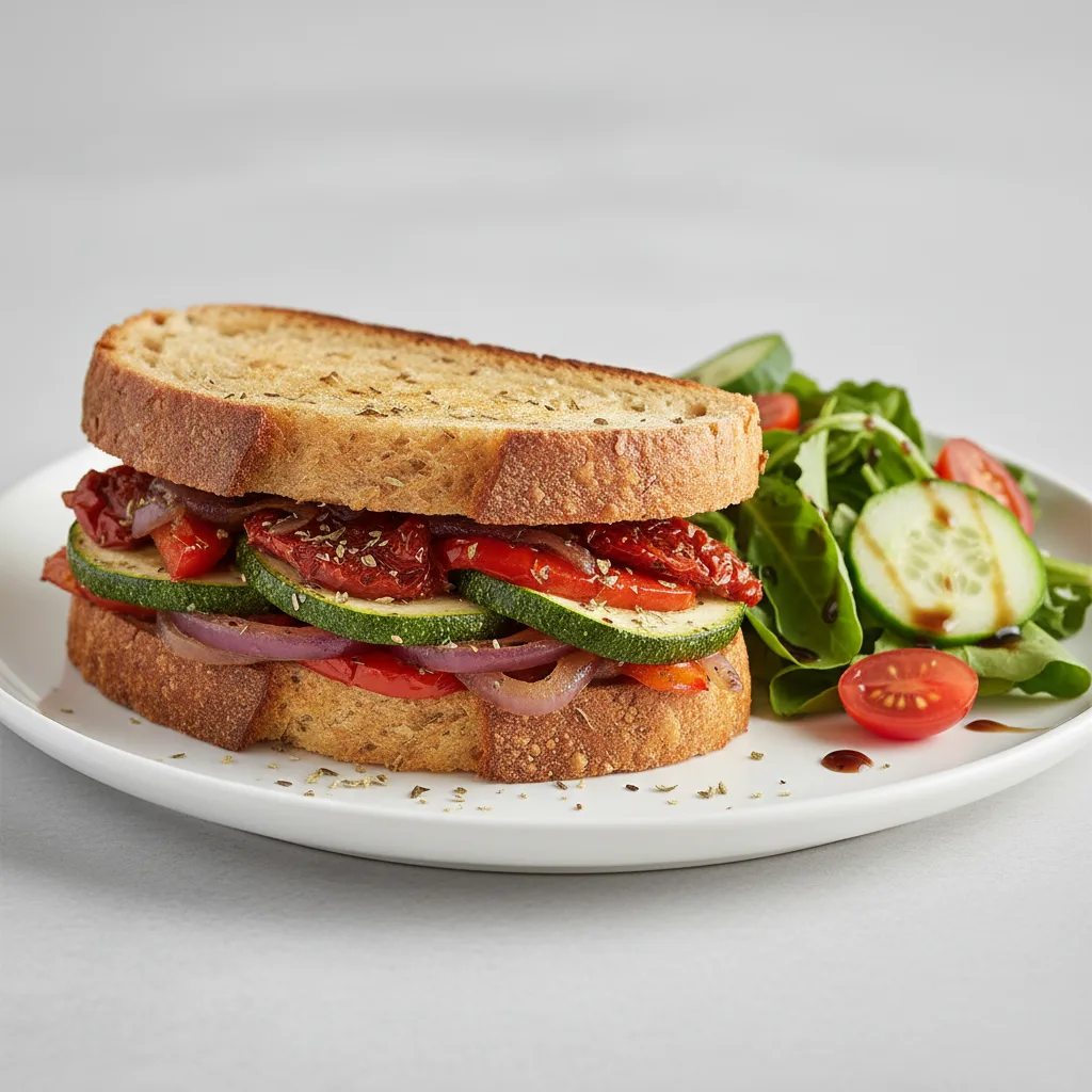 Gluten-Free Roasted Veggie Sandwich with Garden Salad and Balsamic Vinagrette