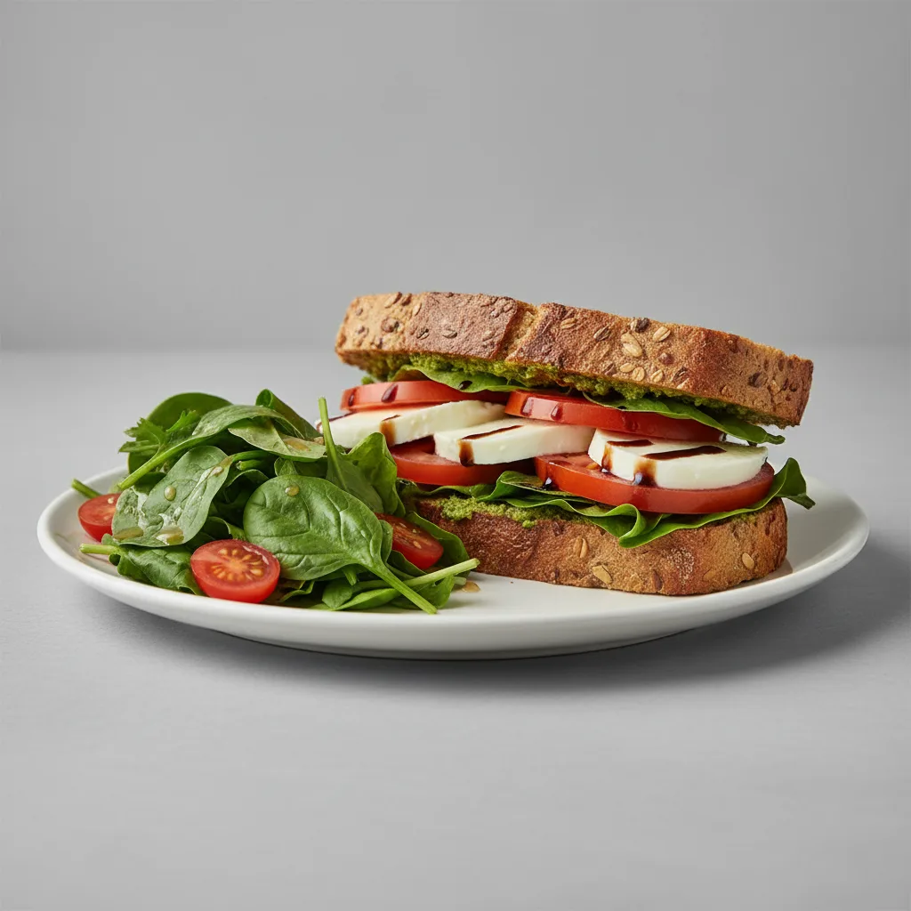 Gluten-Free Caprese Sandwich with Garden Salad and Balsamic Vinagrette