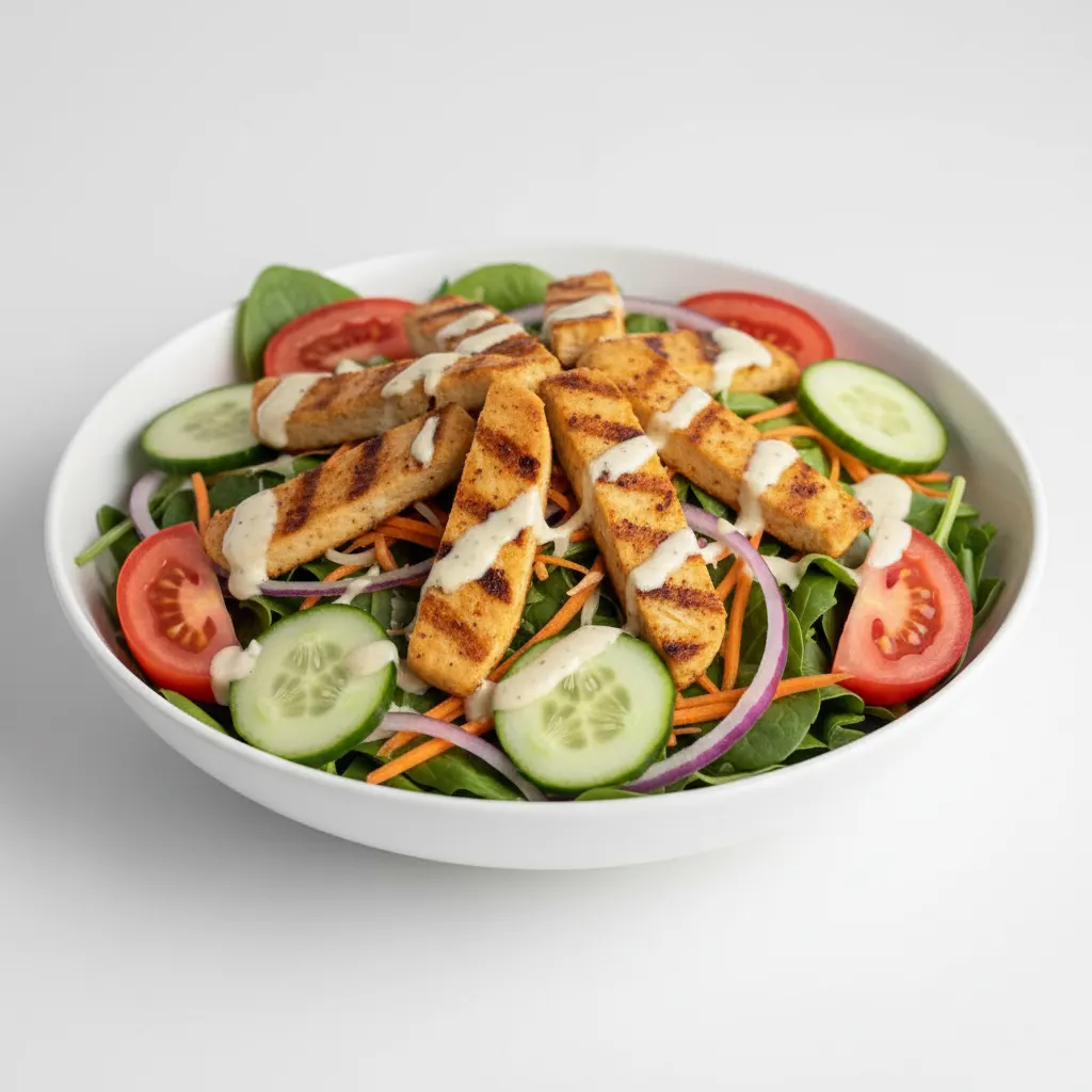 House Salad with Vegan "Chicken" and Vegan Dressing