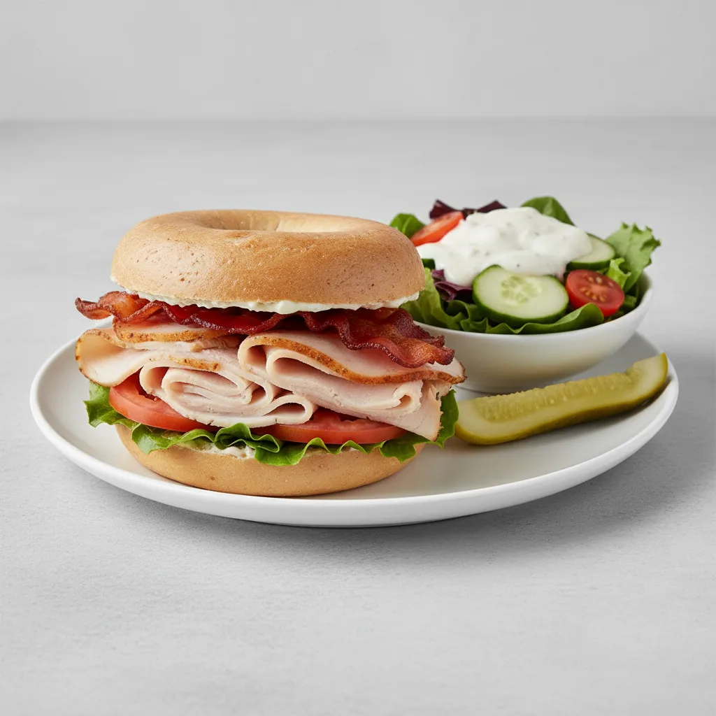 Turkey Club on Gluten Free Bagel With Ranch Side Salad