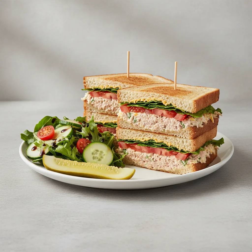 Cheddar Tuna Club Sandwich With Balsamic Vinaigrette Side Salad