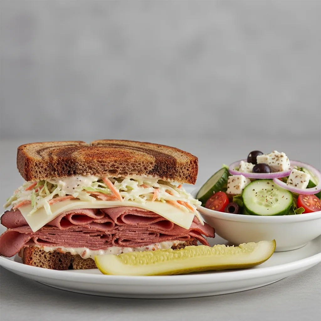 Reuben Sandwich on Rye With Greek Side Salad